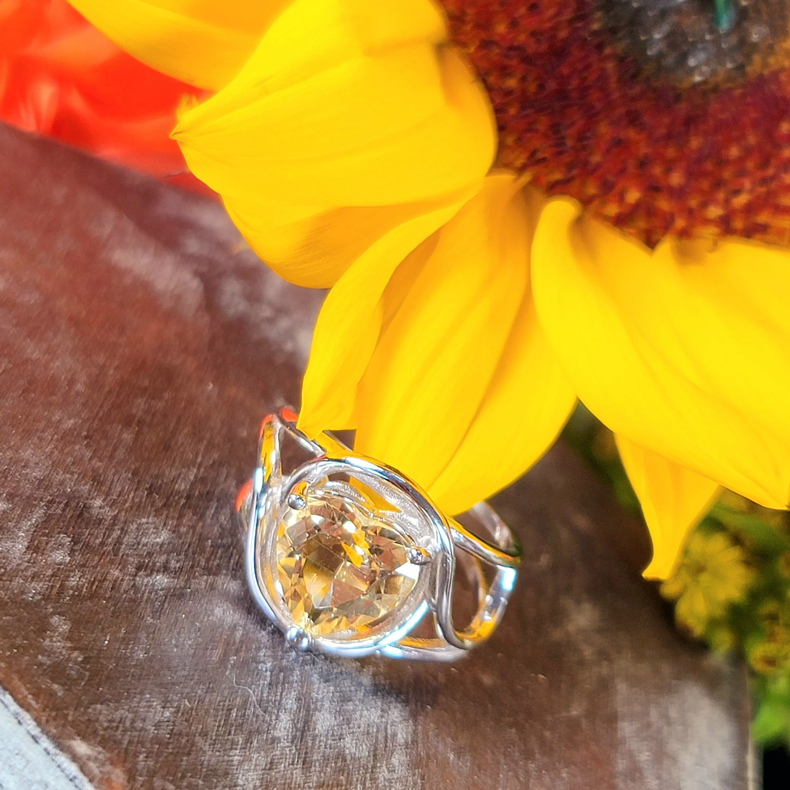 Citrine Heart Adjustable Finger Cuff Ring .925 Silver for Abundance, Good Luck and Positivity
