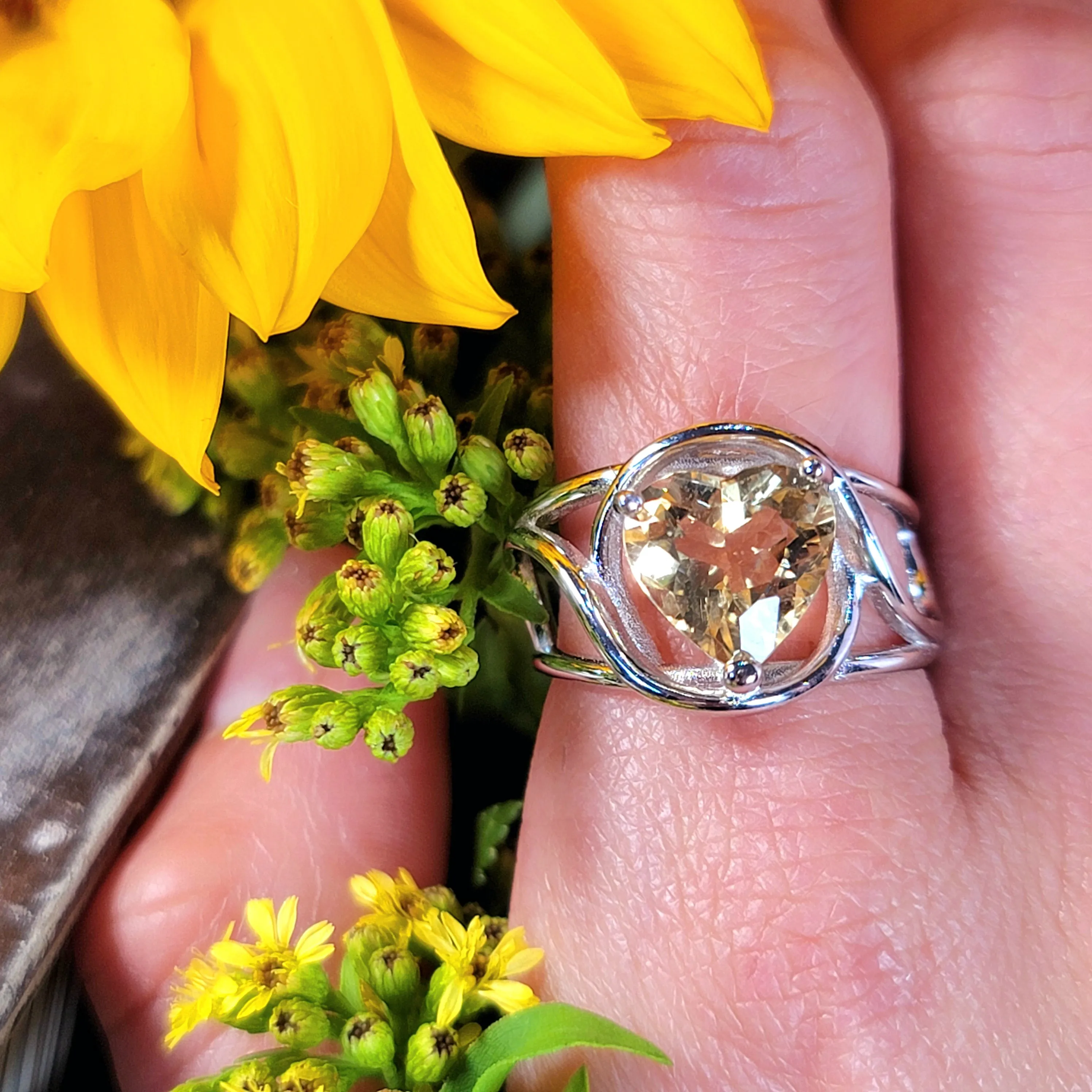 Citrine Heart Adjustable Finger Cuff Ring .925 Silver for Abundance, Good Luck and Positivity