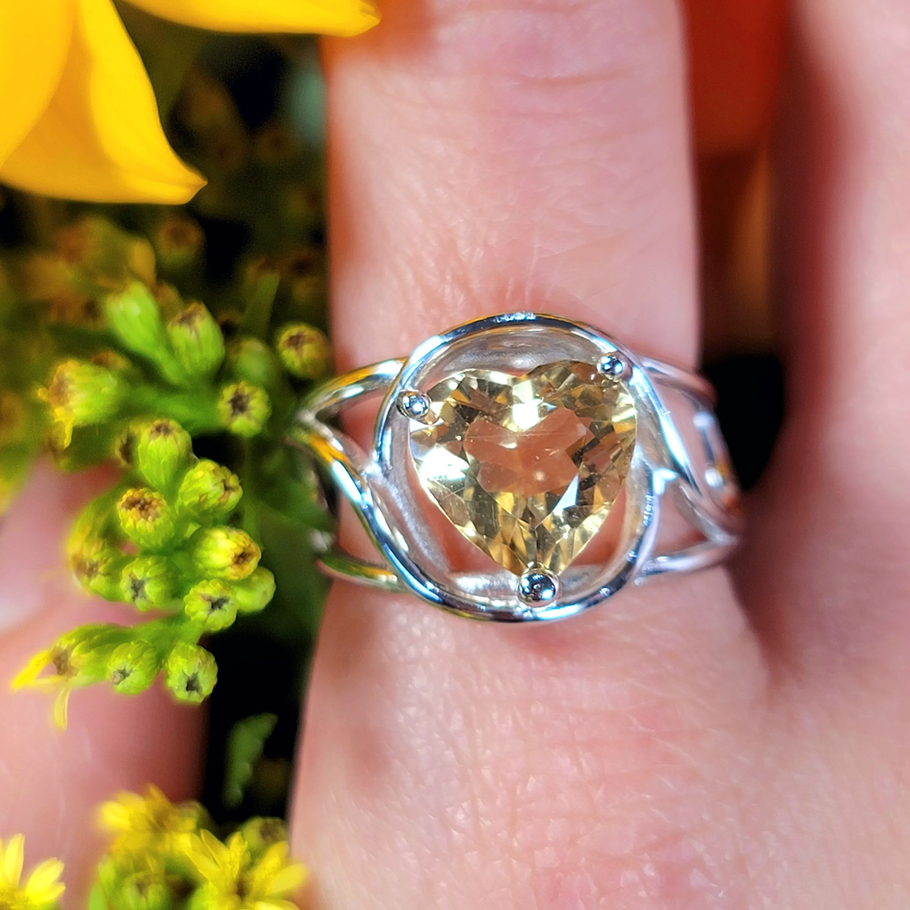 Citrine Heart Adjustable Finger Cuff Ring .925 Silver for Abundance, Good Luck and Positivity