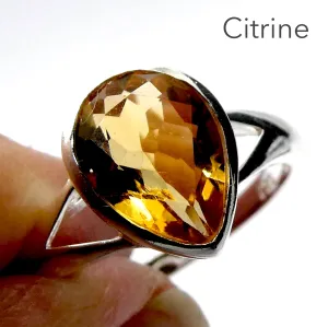 Citrine Ring, Faceted Teardrop, 925 Sterling Silver