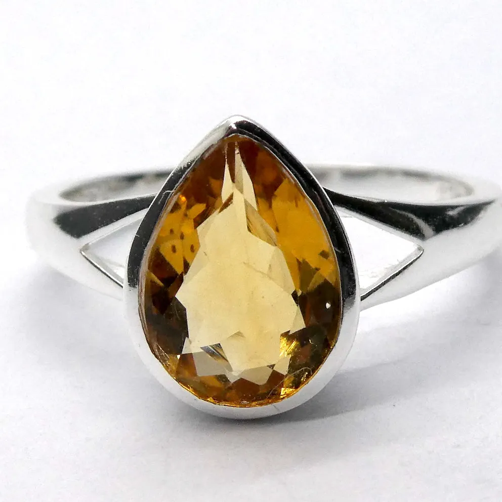Citrine Ring, Faceted Teardrop, 925 Sterling Silver