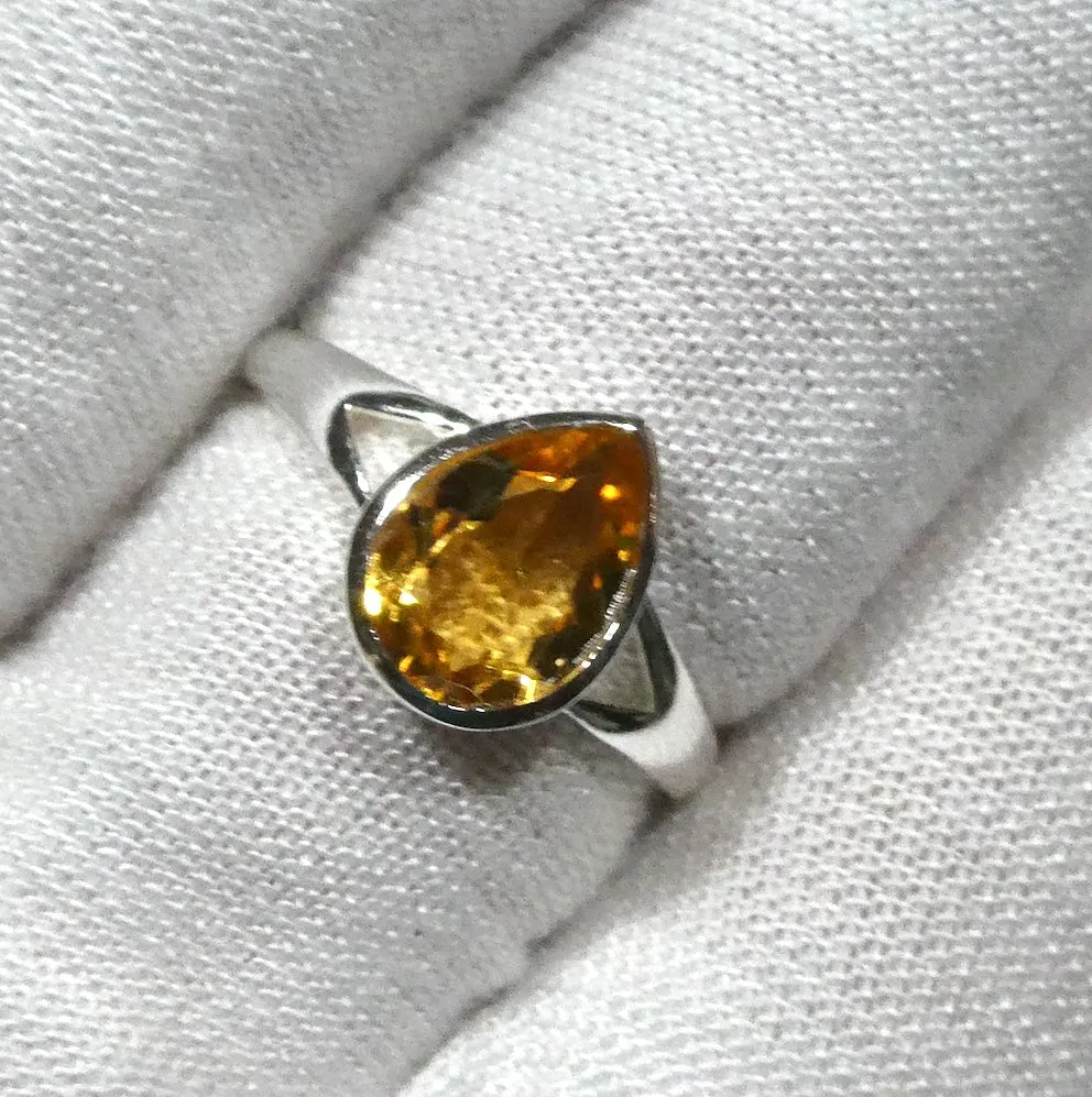Citrine Ring, Faceted Teardrop, 925 Sterling Silver