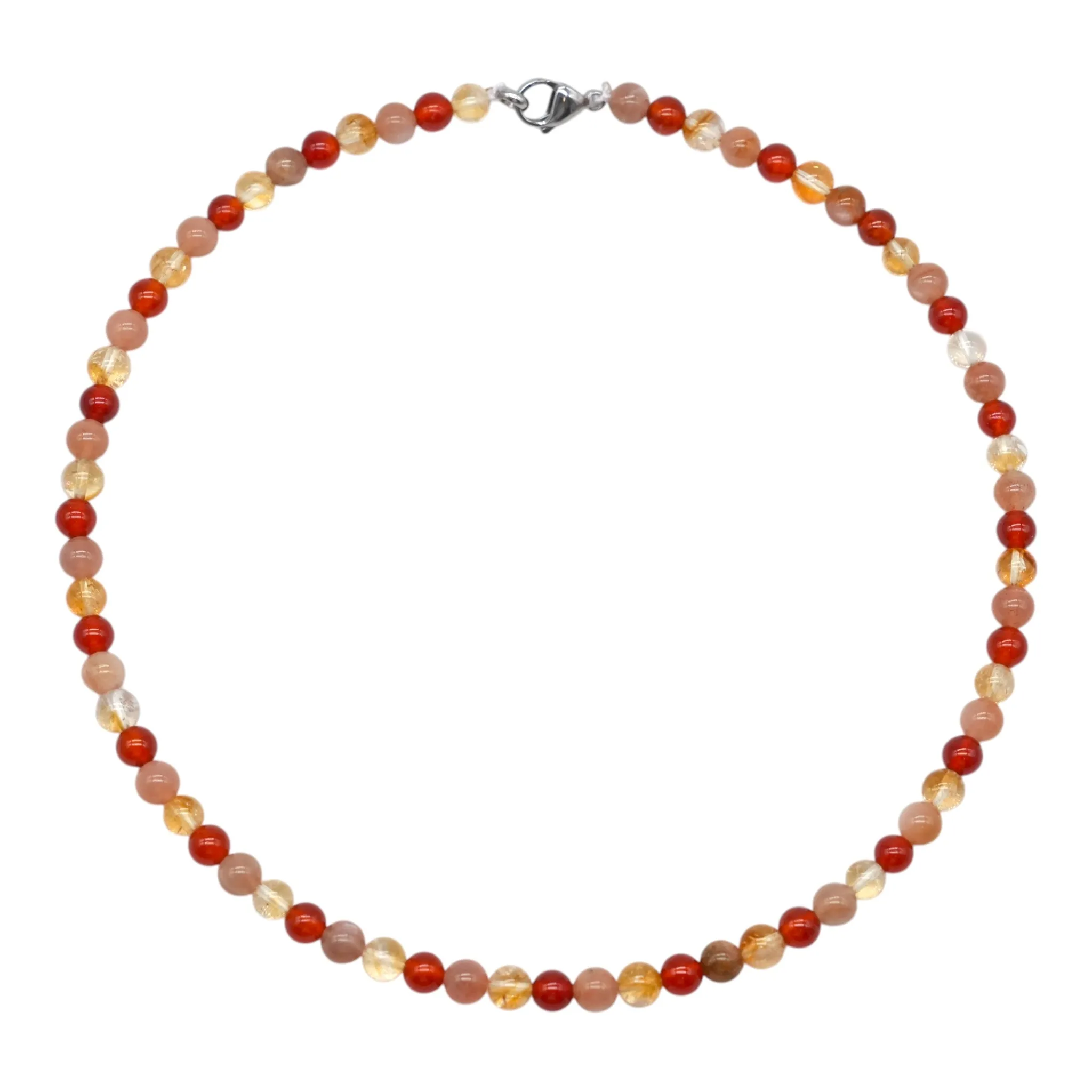 Collier Joie de vivre/Bonne humeur avec fermoir acier inoxydable — Cornaline, Citrine chauffée A & Pierre de soleil A  (numéro 11)