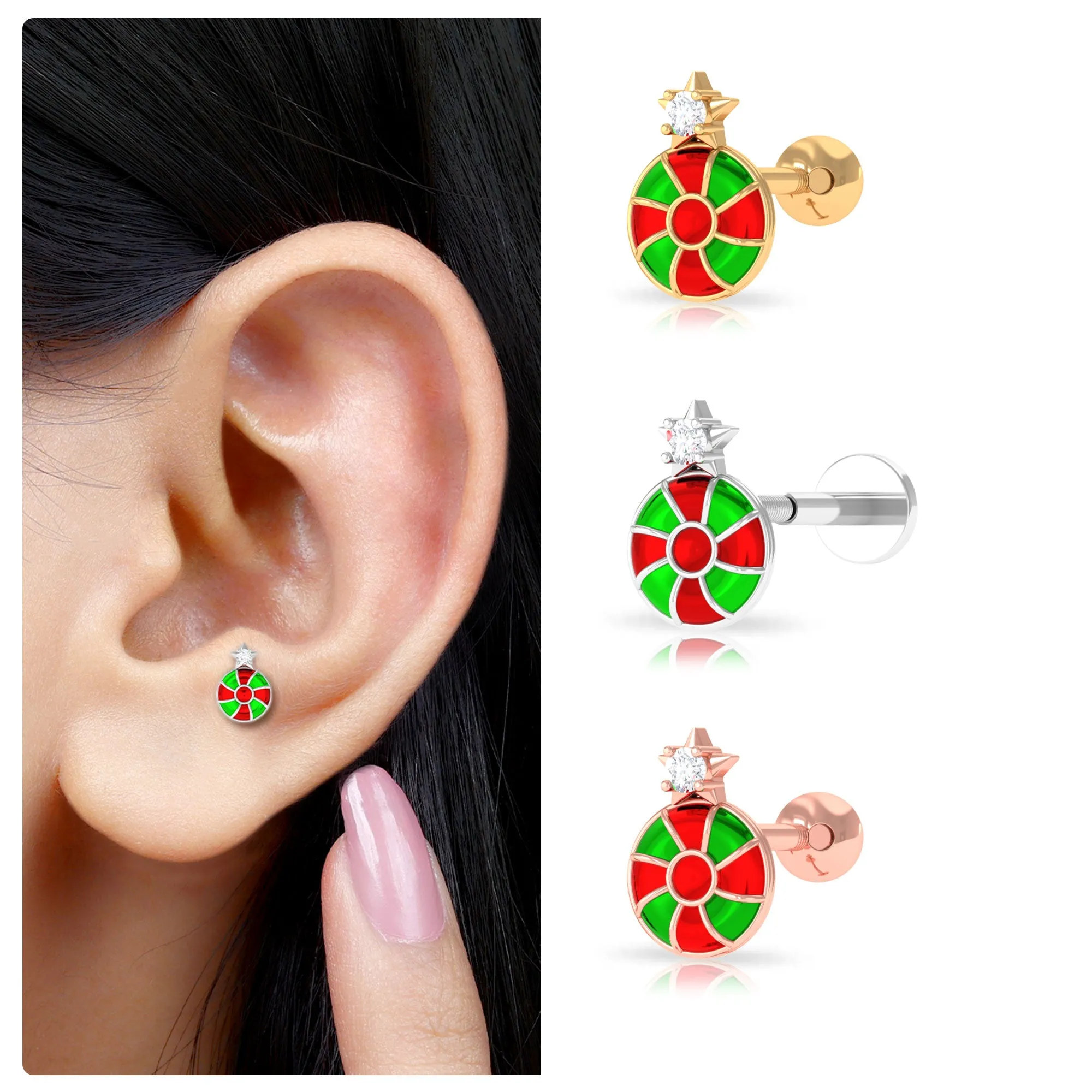 Diamond and Enamel Swirl Peppermint Candy Helix Earring