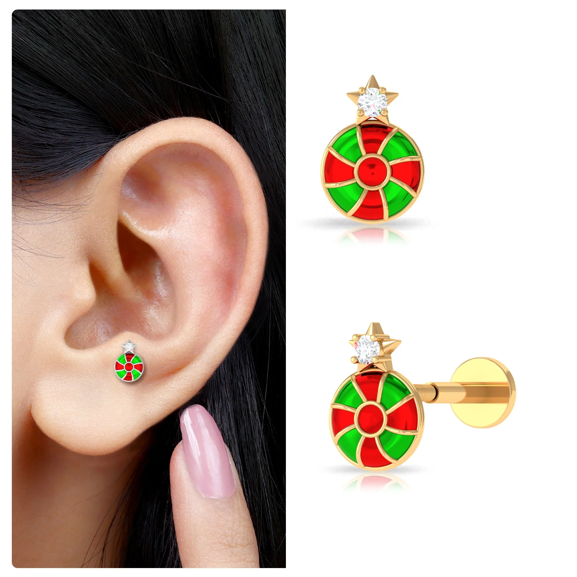 Diamond and Enamel Swirl Peppermint Candy Helix Earring