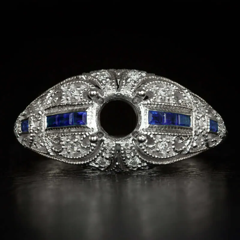 DIAMOND SAPPHIRE VINTAGE STYLE ENGAGEMENT RING SETTING ROUND SEMI MOUNT 5mm 5.5m