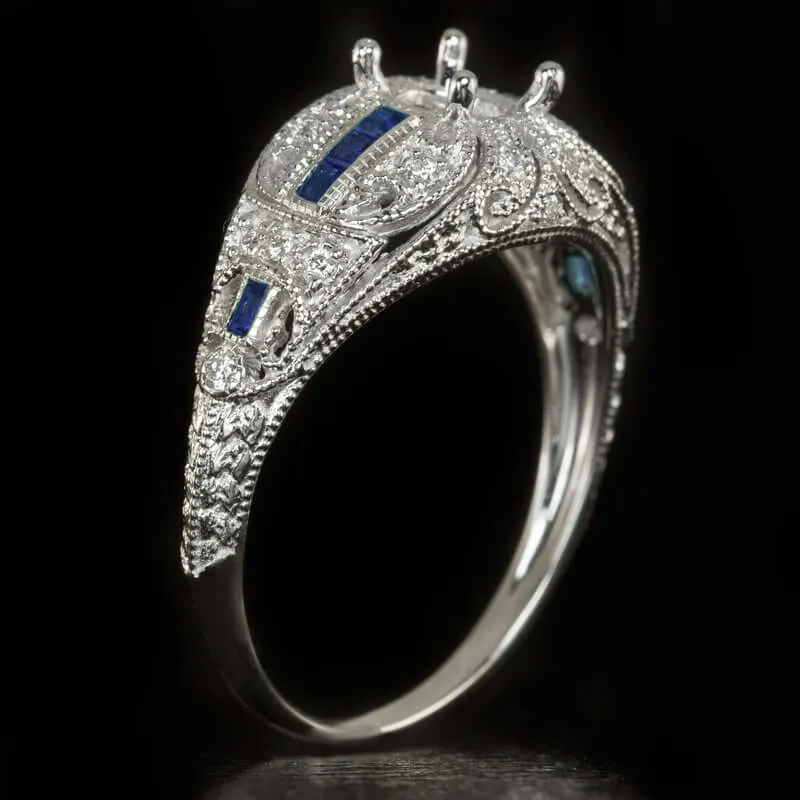 DIAMOND SAPPHIRE VINTAGE STYLE ENGAGEMENT RING SETTING ROUND SEMI MOUNT 5mm 5.5m