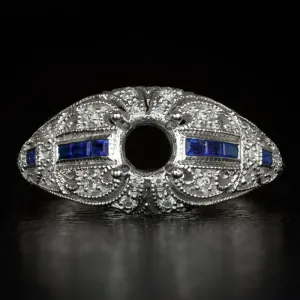 DIAMOND SAPPHIRE VINTAGE STYLE ENGAGEMENT RING SETTING ROUND SEMI MOUNT 5mm 5.5m