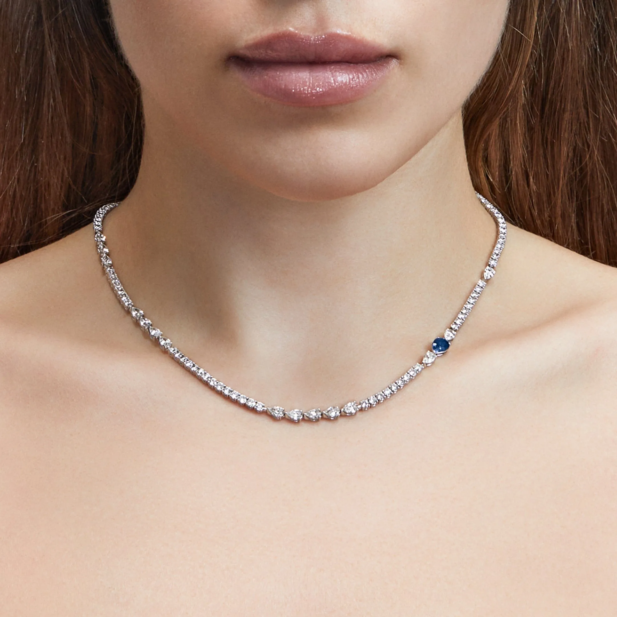 Diamond Tennis Necklace with Sapphire Accent