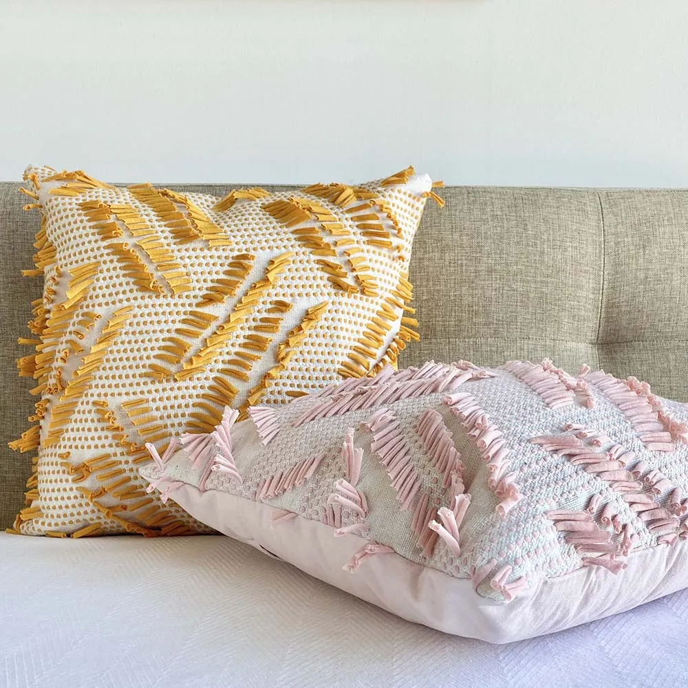 Frill Boho Fringe Pillow Cover - Pink