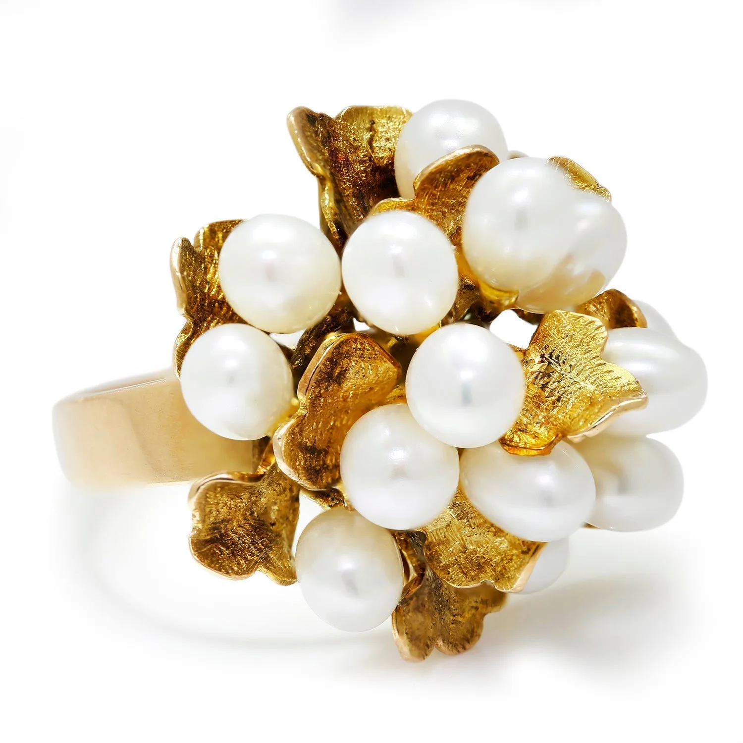 Gold Leaf Cultured Pearl Cluster Ring Yellow Gold