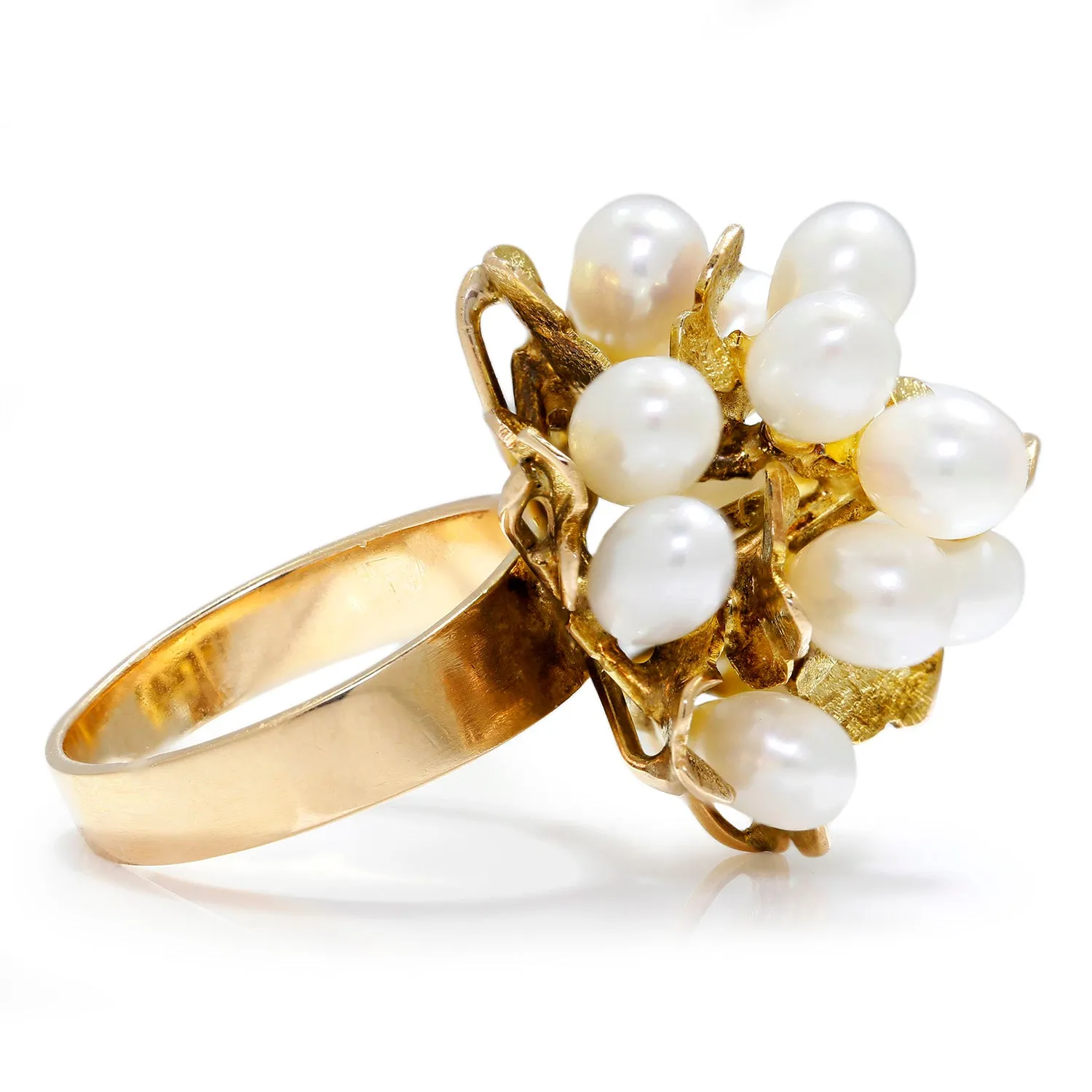 Gold Leaf Cultured Pearl Cluster Ring Yellow Gold