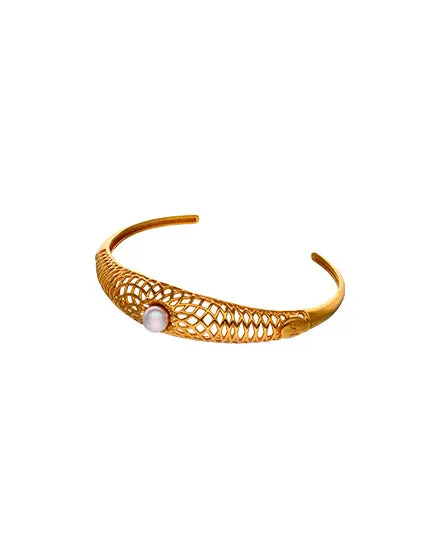 Gold plated silver cutout bangle. Round white pearl of 6mm for men and women ETNA Collection
