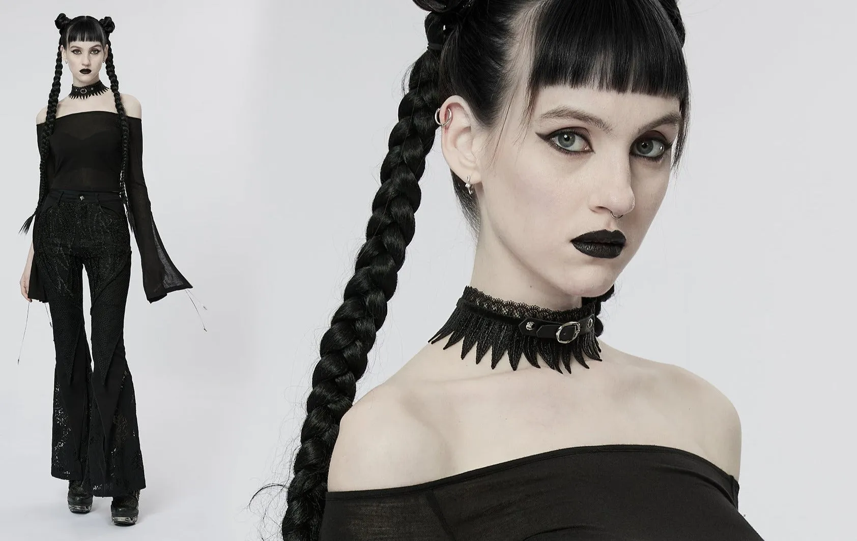 Gothic Classical Elegant Lace Necklace Metal Rivets Belt Fastener Adjustable Chain Faux PU Choker