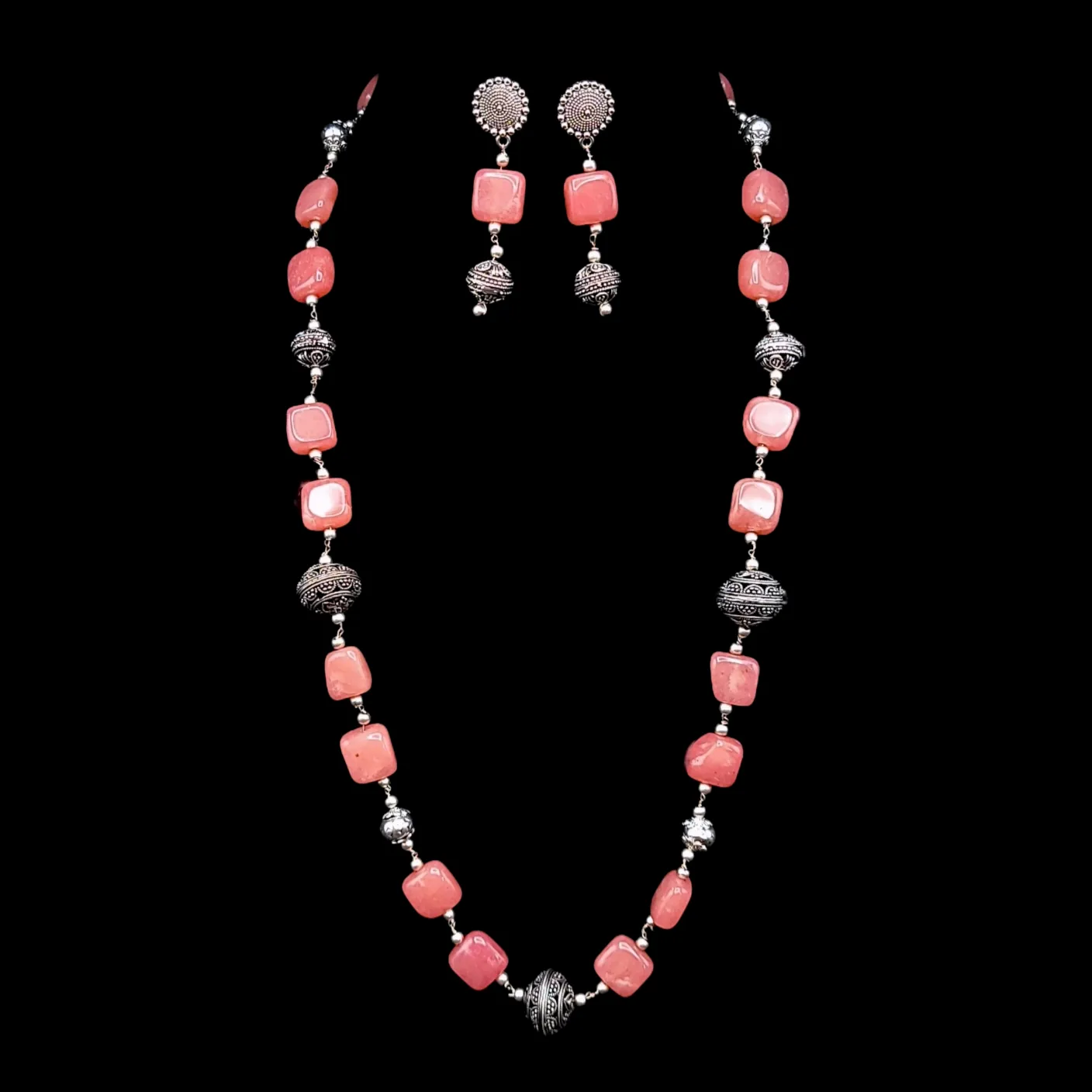 Handmade Agate Oxidized German Silver Beads Mala Necklace Set