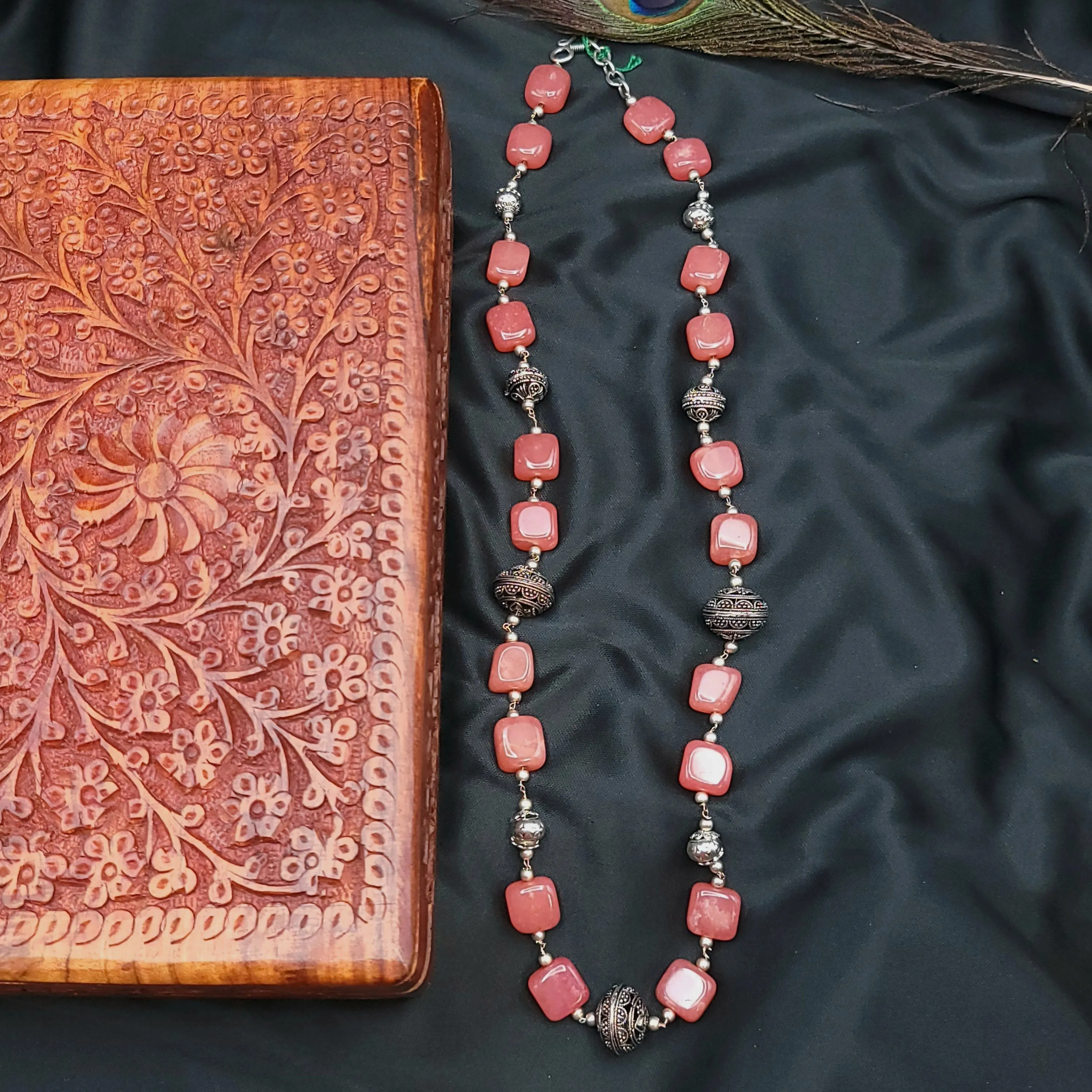 Handmade Agate Oxidized German Silver Beads Mala Necklace Set