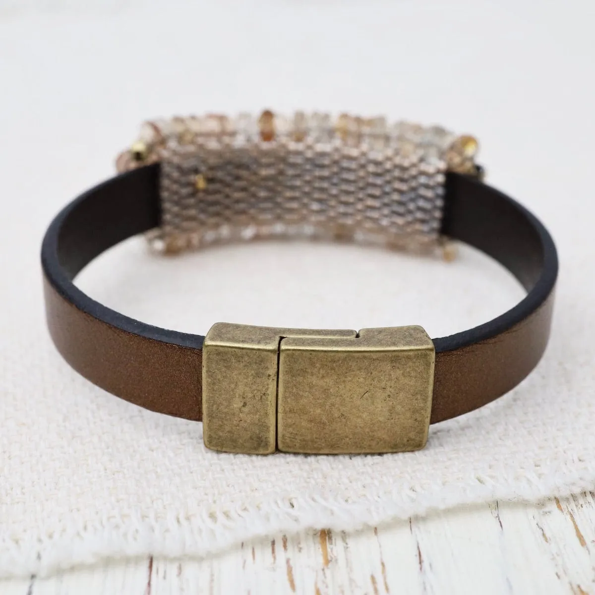 Imperial Topaz with Gold Pyrite Trim on Metallic Brown Leather Bracelet