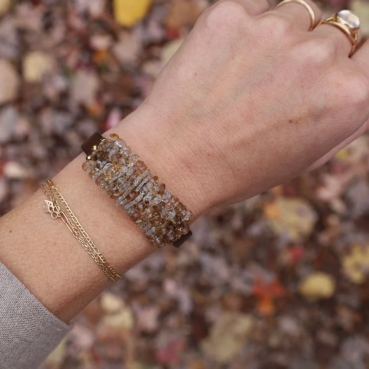 Imperial Topaz with Gold Pyrite Trim on Metallic Brown Leather Bracelet