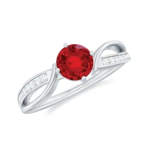 Infinity Shank Created Ruby Solitaire Engagement Ring with Diamond
