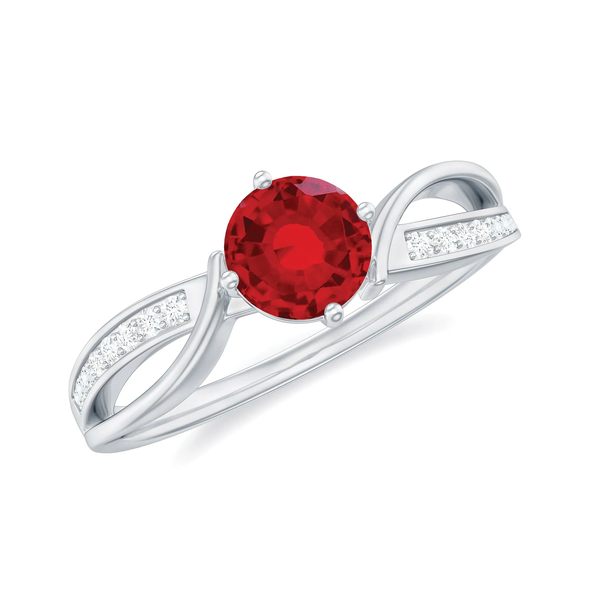 Infinity Shank Created Ruby Solitaire Engagement Ring with Diamond