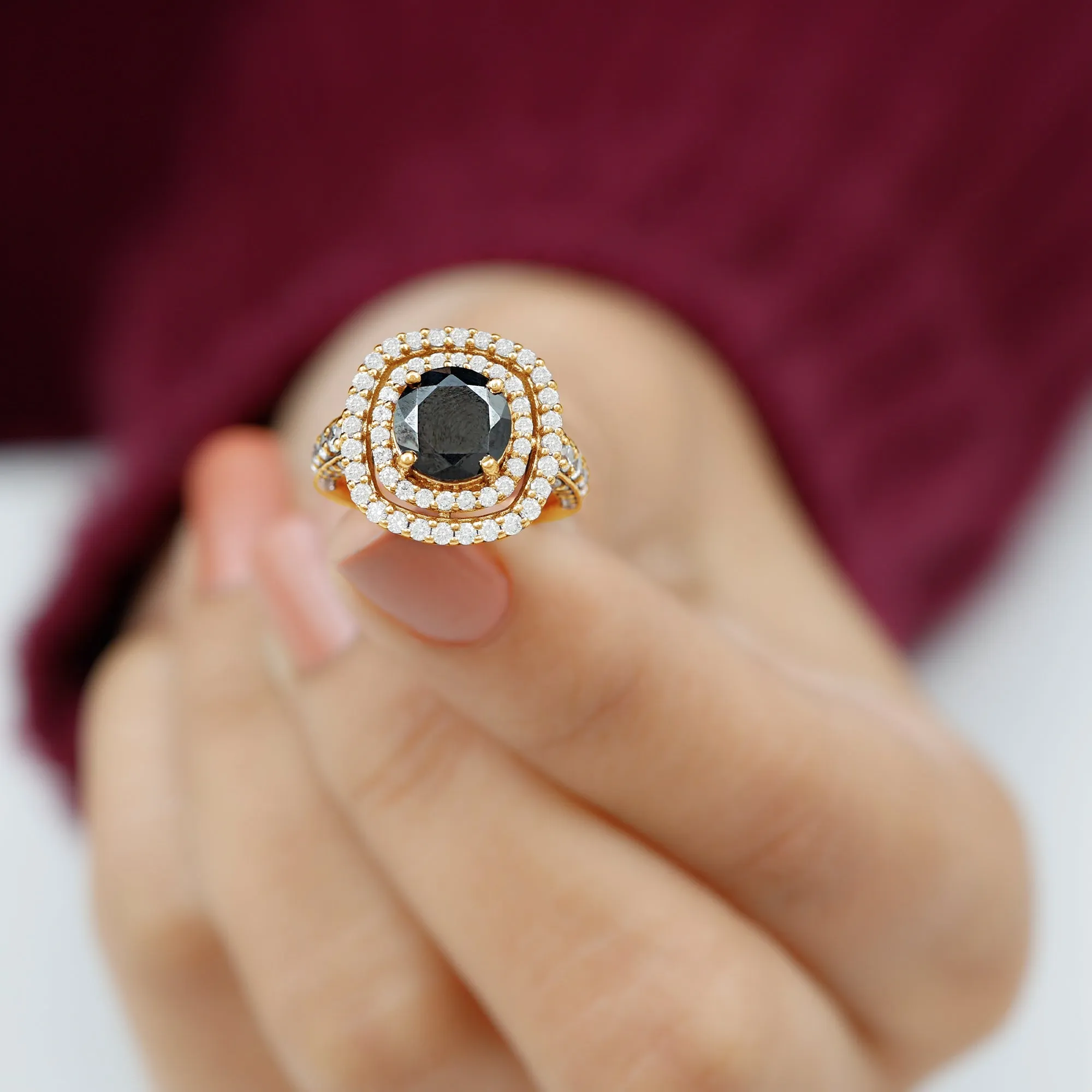 Lab Grown Black Diamond Double Halo Engagement Ring With Moissanite