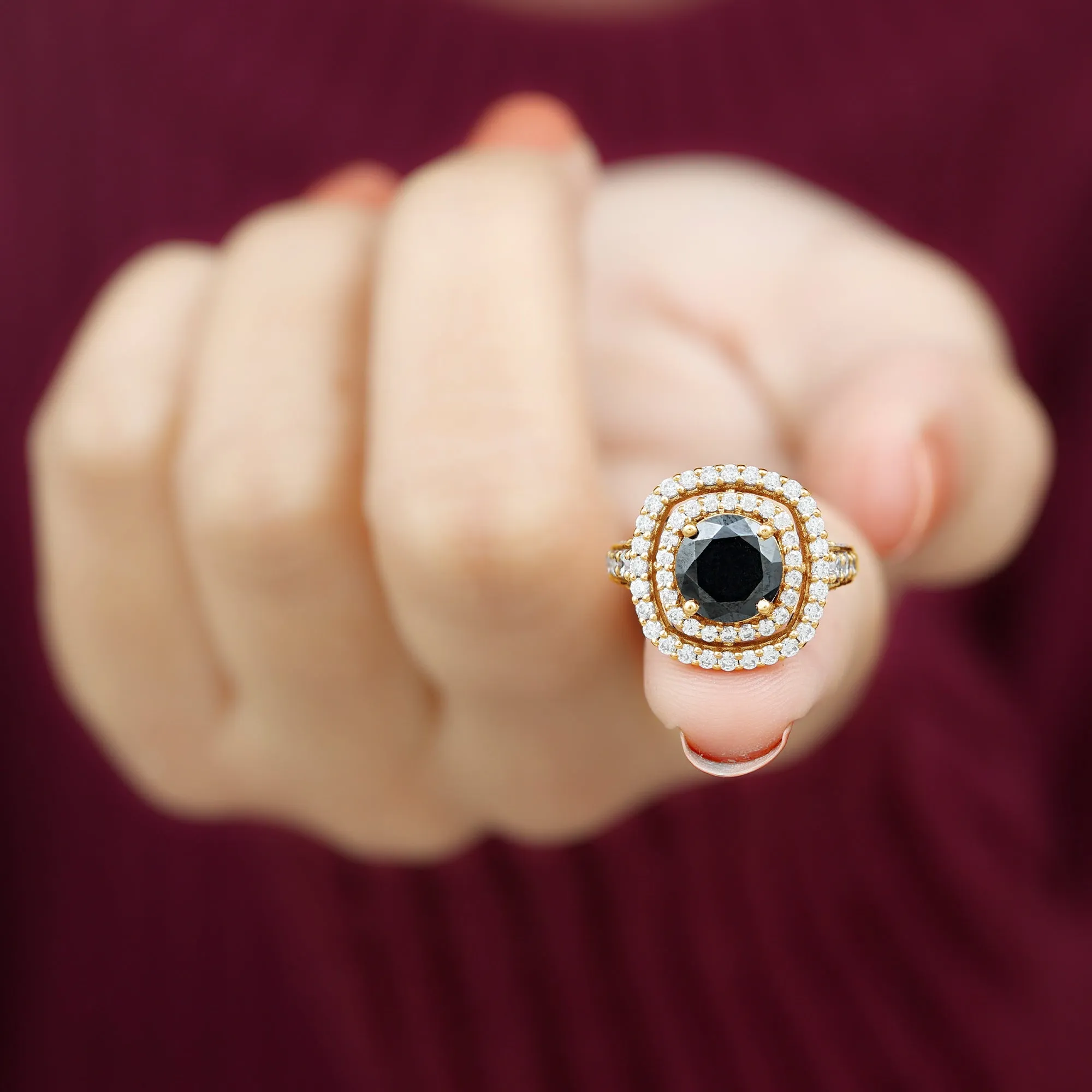 Lab Grown Black Diamond Double Halo Engagement Ring With Moissanite