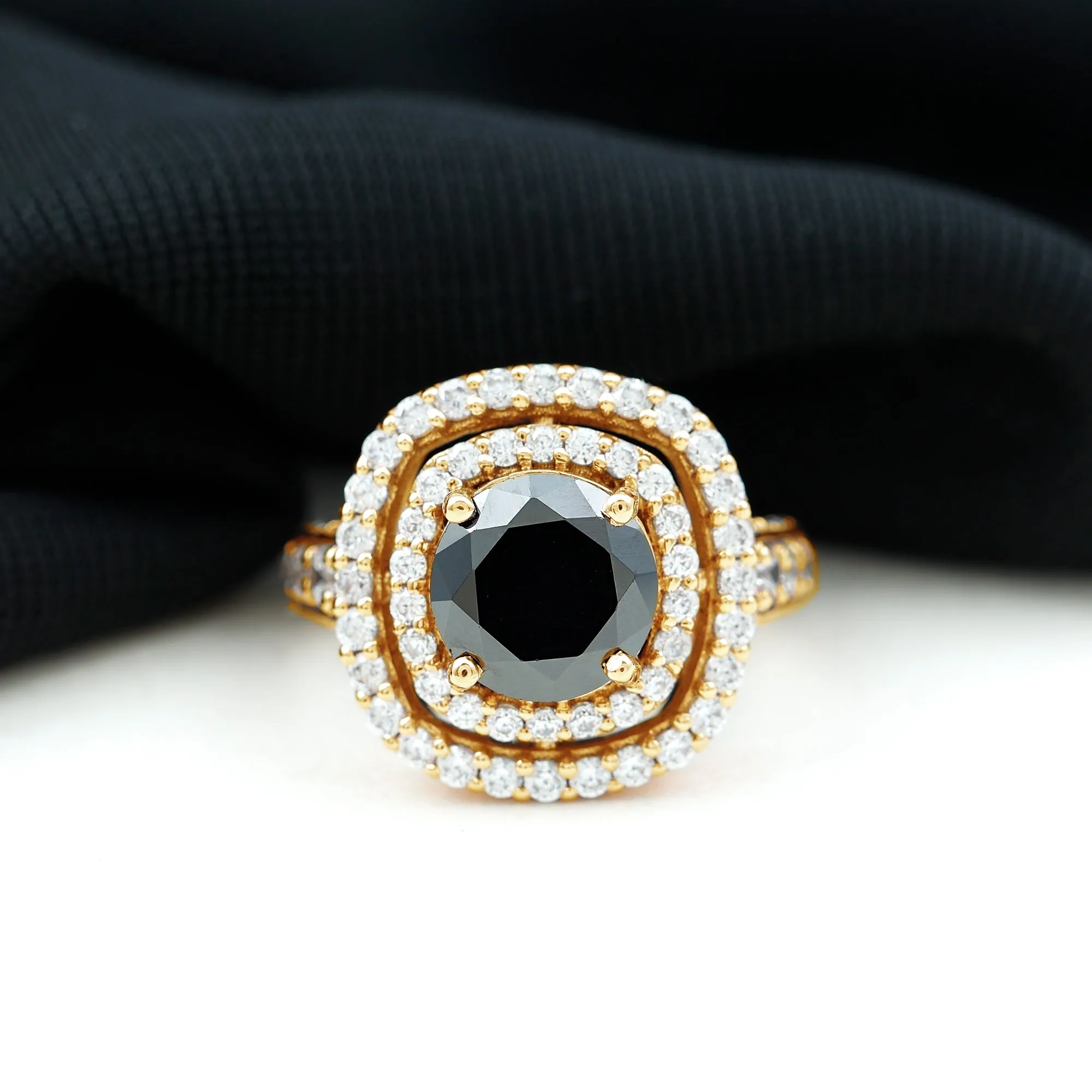 Lab Grown Black Diamond Double Halo Engagement Ring With Moissanite