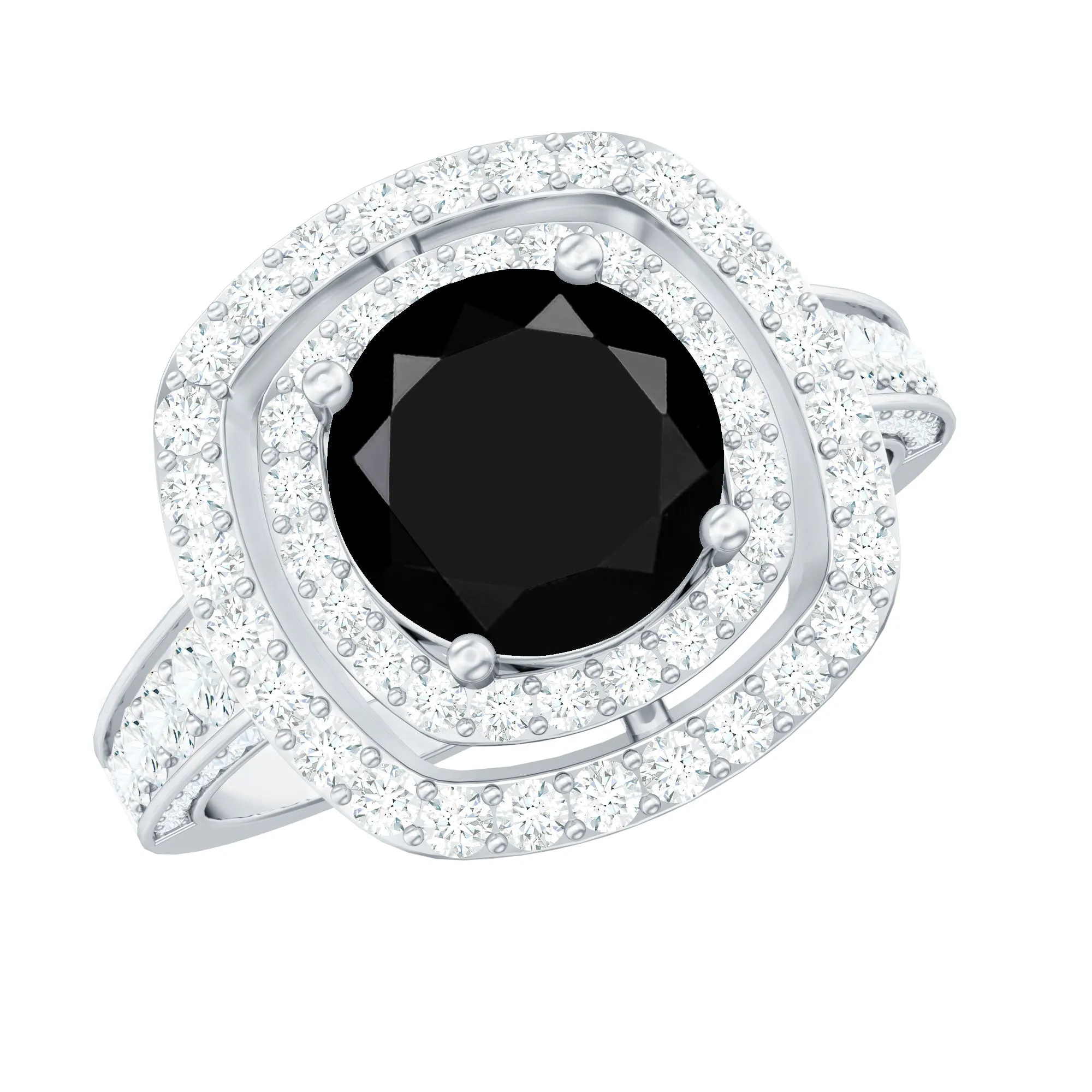 Lab Grown Black Diamond Double Halo Engagement Ring With Moissanite