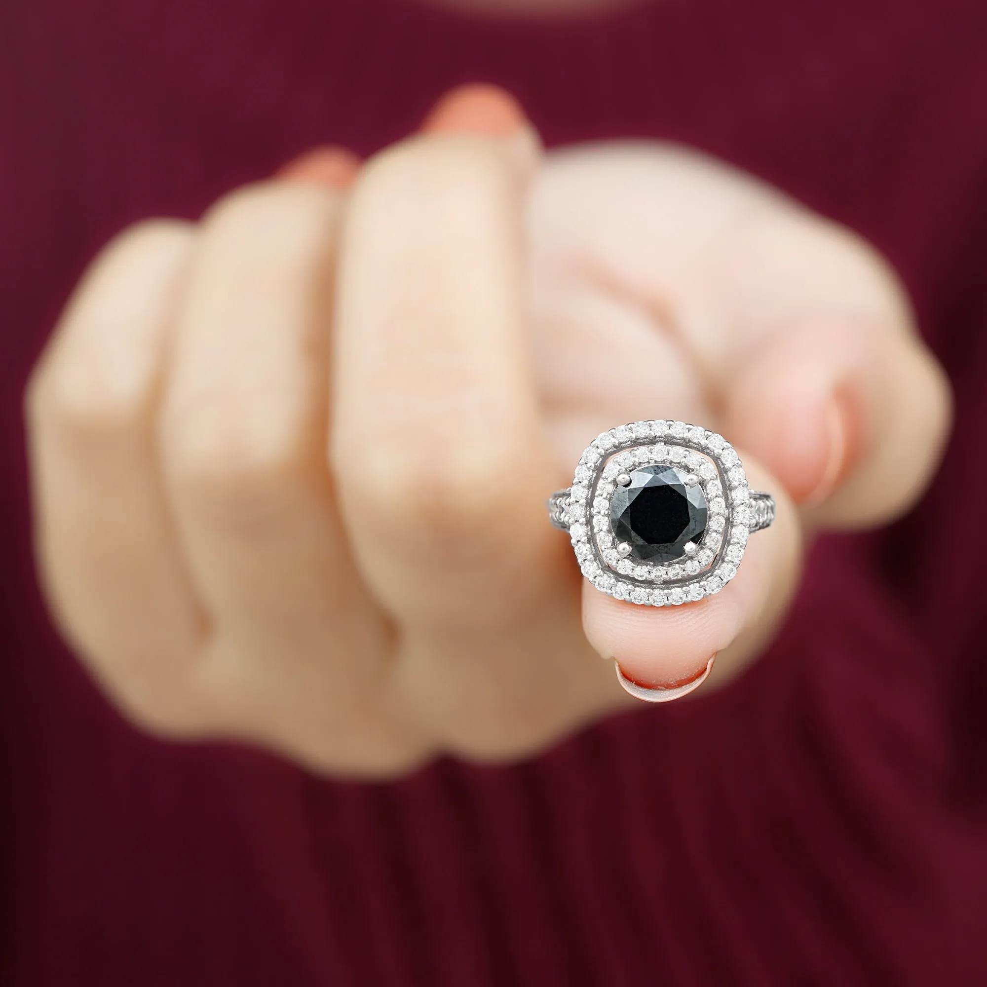 Lab Grown Black Diamond Double Halo Engagement Ring With Moissanite