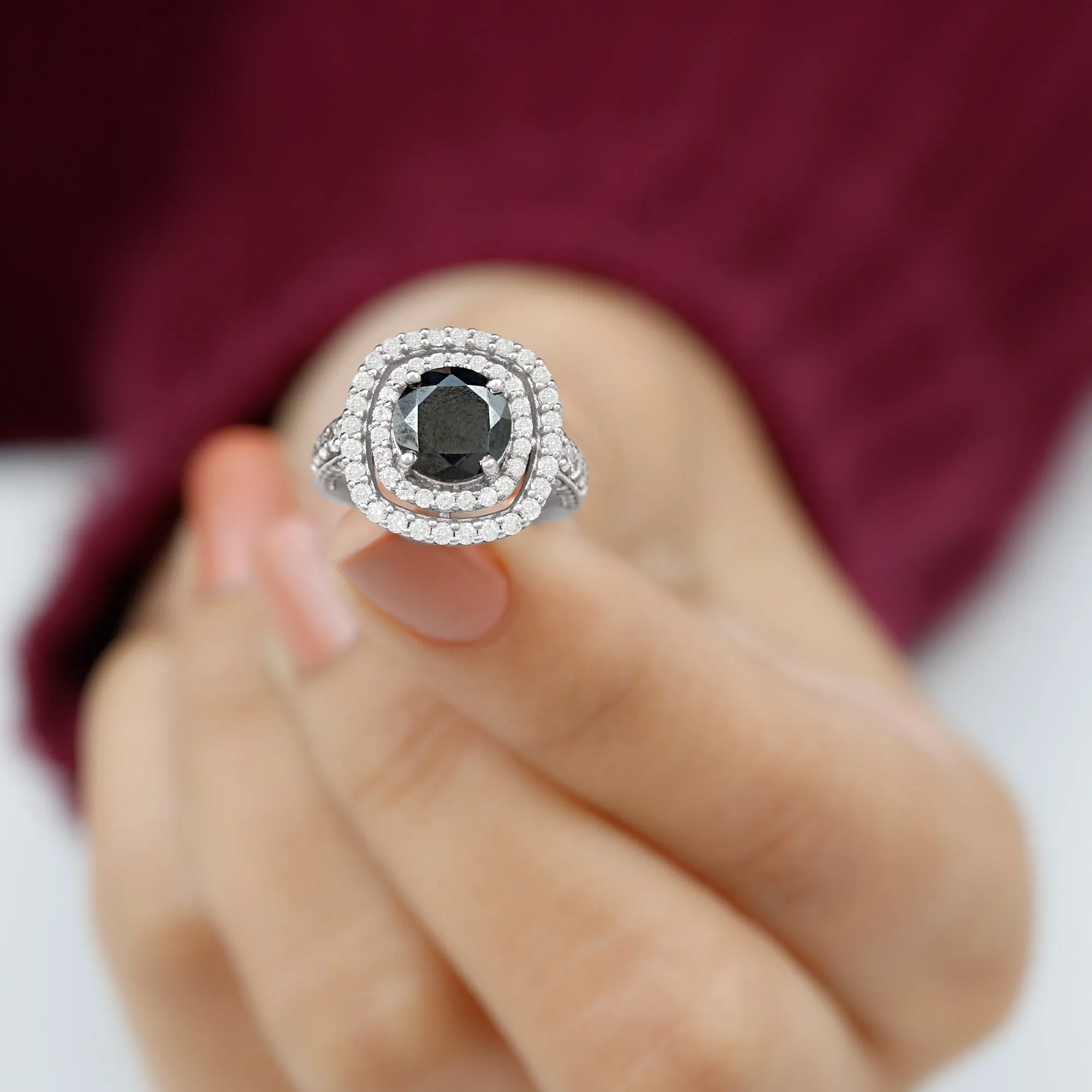 Lab Grown Black Diamond Double Halo Engagement Ring With Moissanite