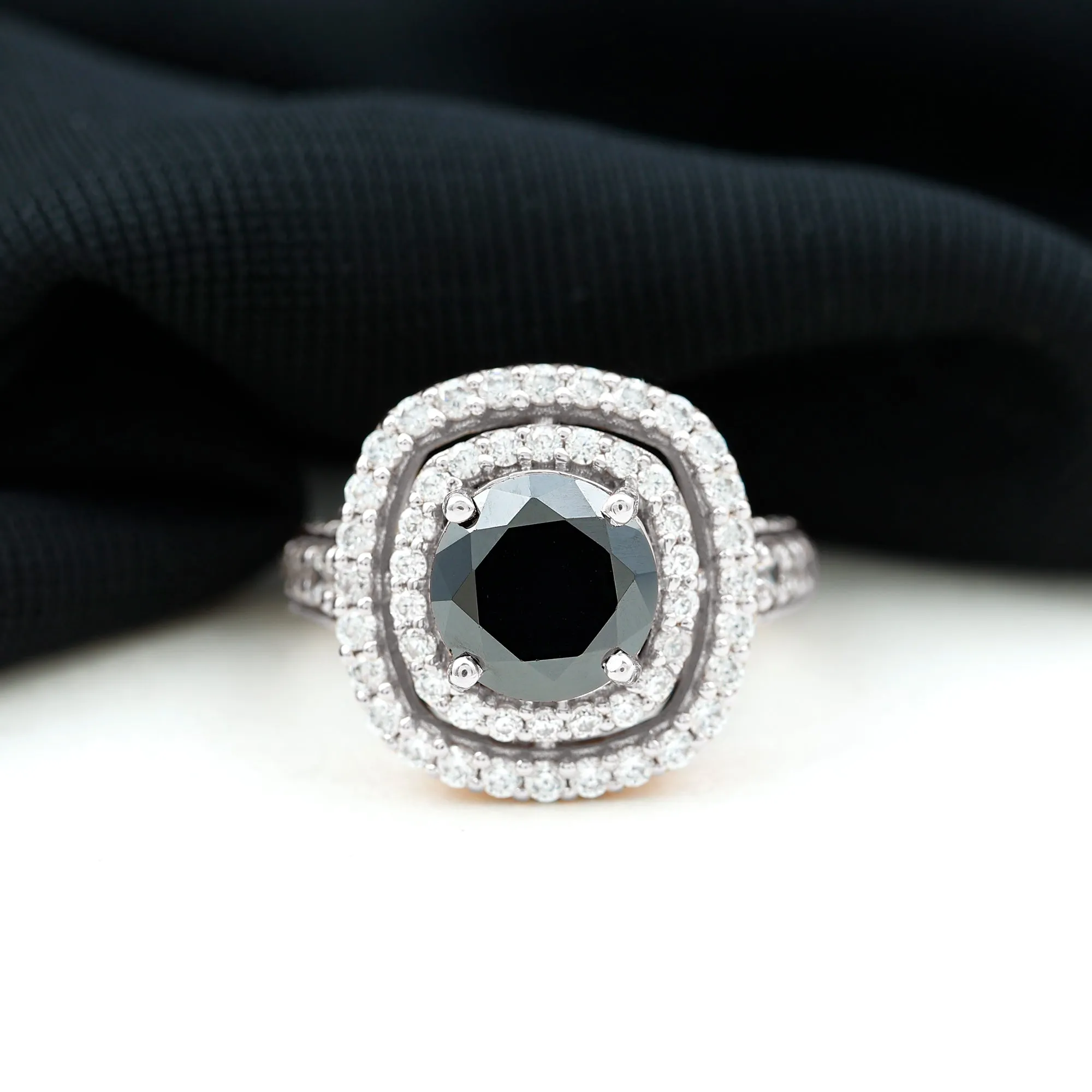 Lab Grown Black Diamond Double Halo Engagement Ring With Moissanite