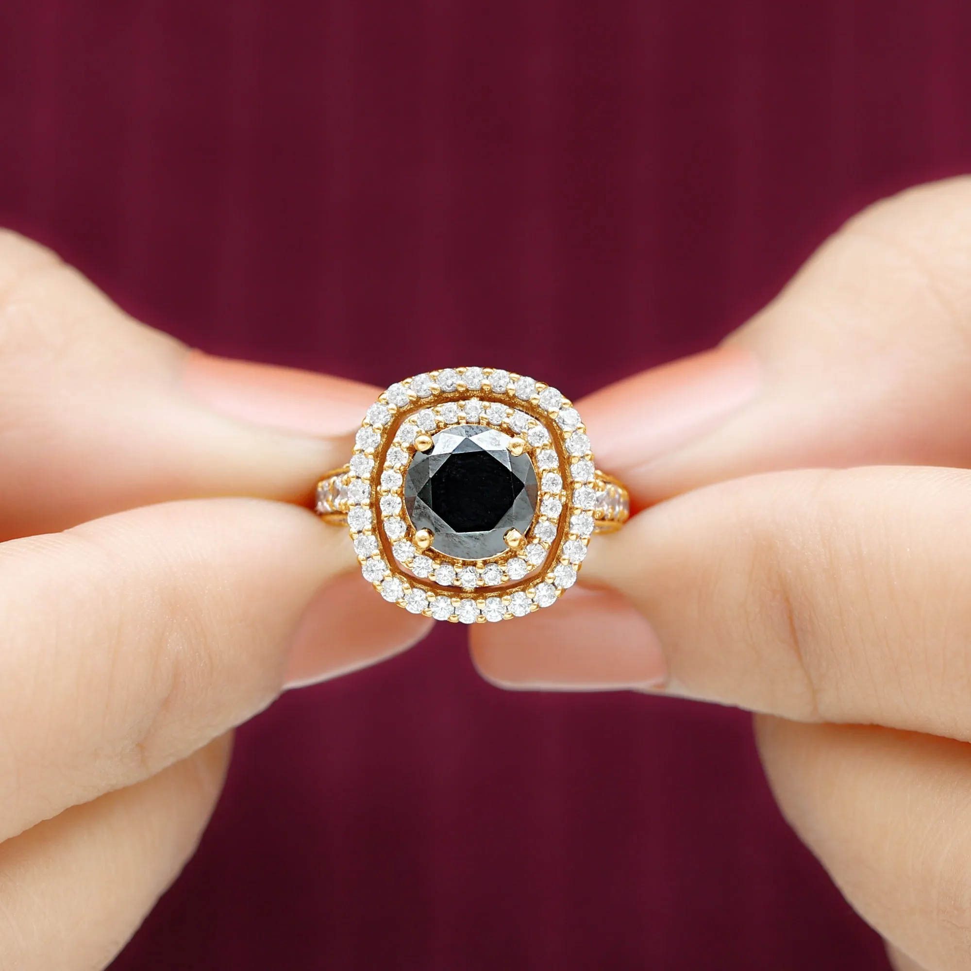 Lab Grown Black Diamond Double Halo Engagement Ring With Moissanite