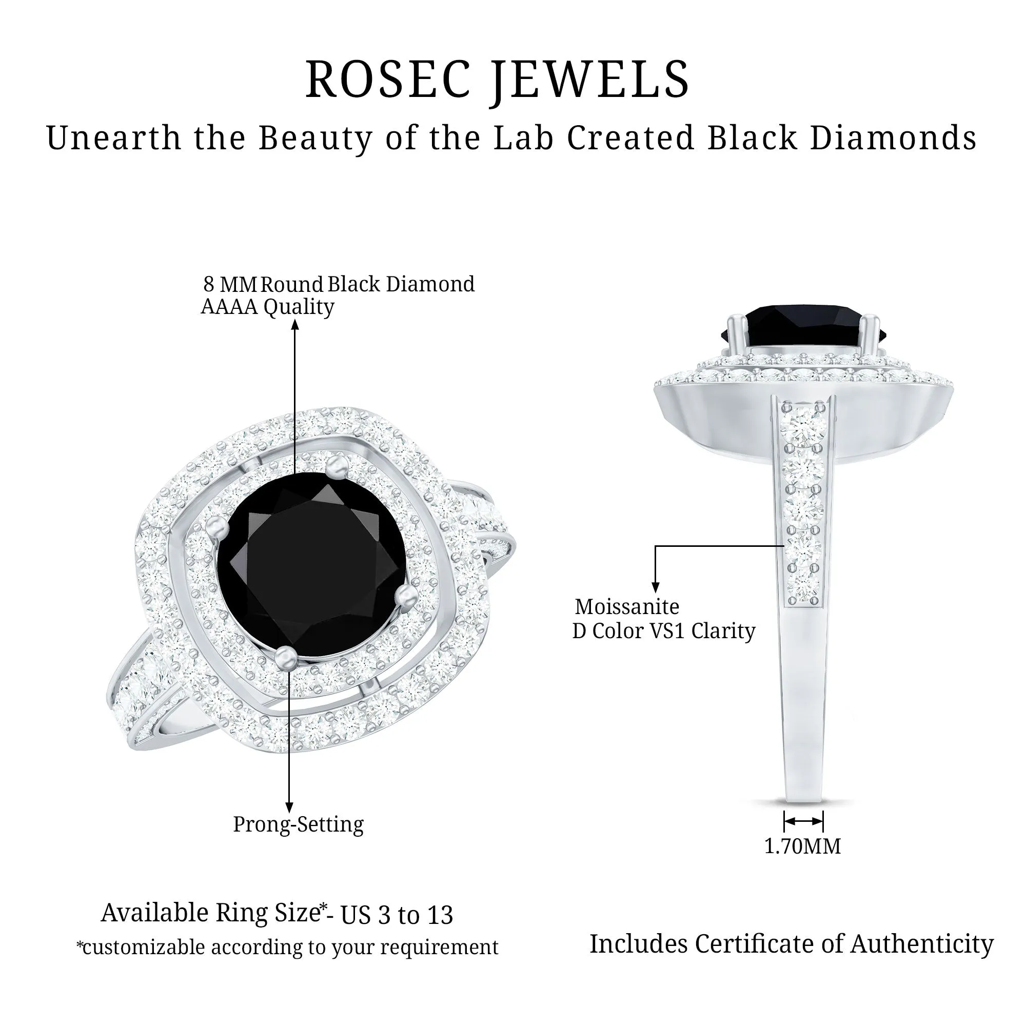 Lab Grown Black Diamond Double Halo Engagement Ring With Moissanite