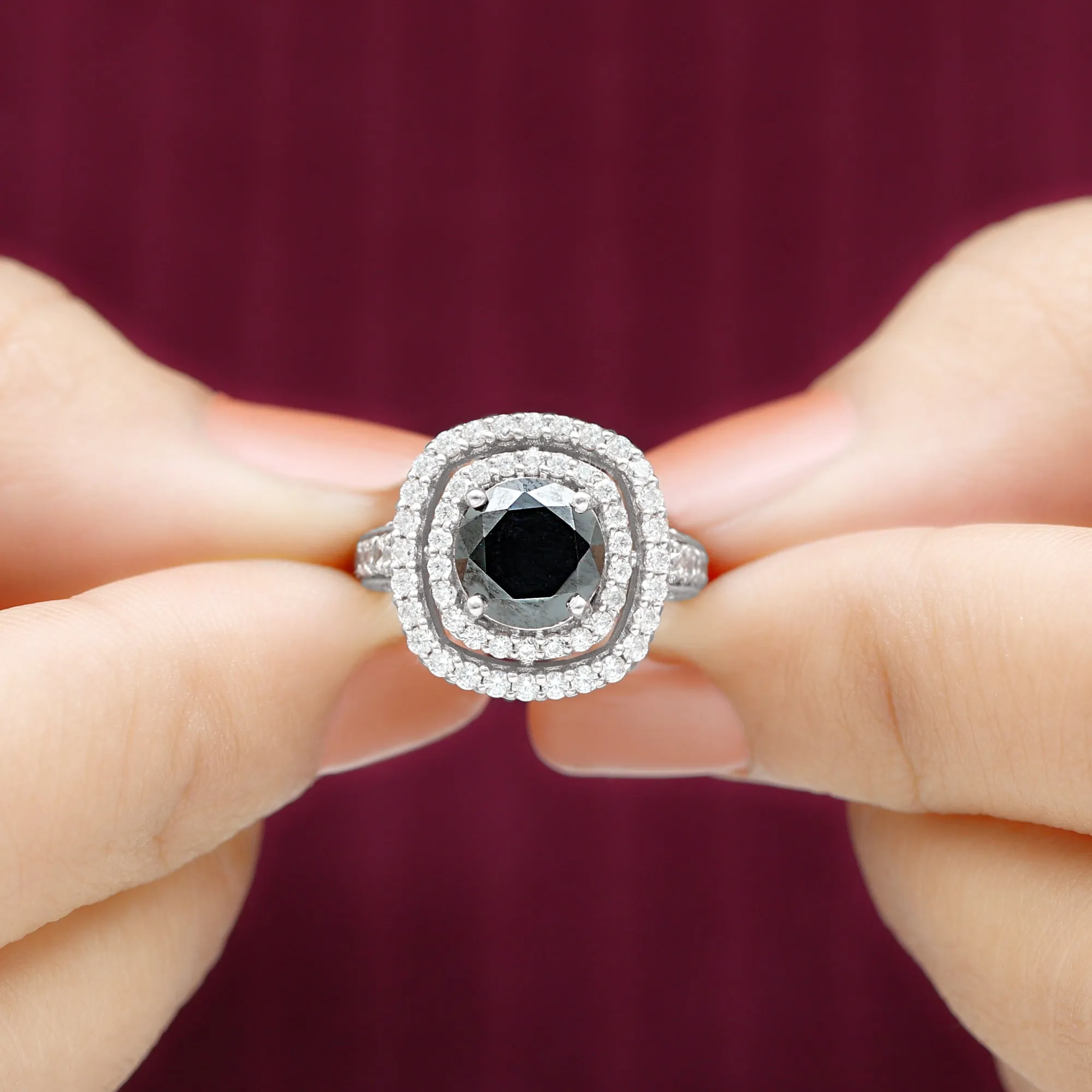 Lab Grown Black Diamond Double Halo Engagement Ring With Moissanite