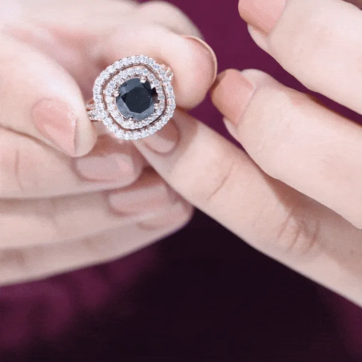Lab Grown Black Diamond Double Halo Engagement Ring With Moissanite