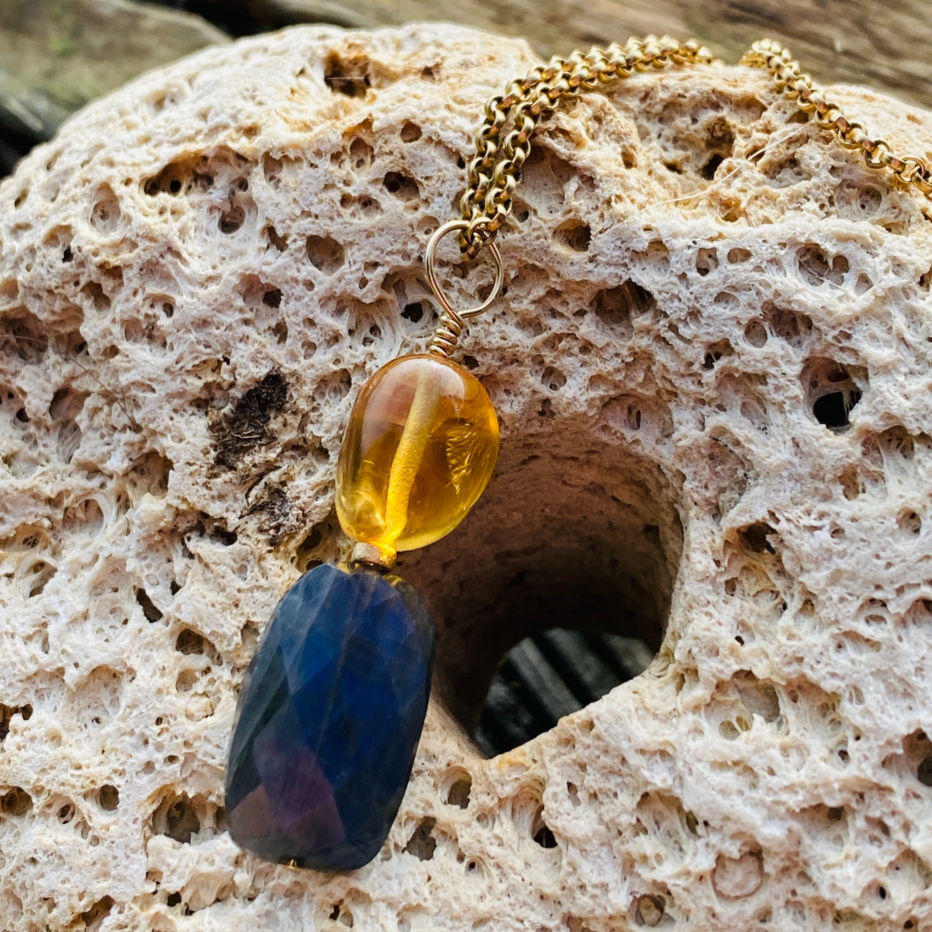 Labradorite & Citrine Pendant on 14k Gold Filled Solo Chain