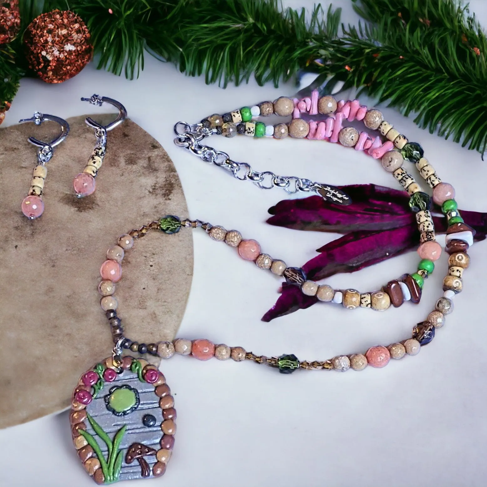 Magical Fairy/Gnome/Hobbit Door Beaded Necklace / Earring Set, 22 inch