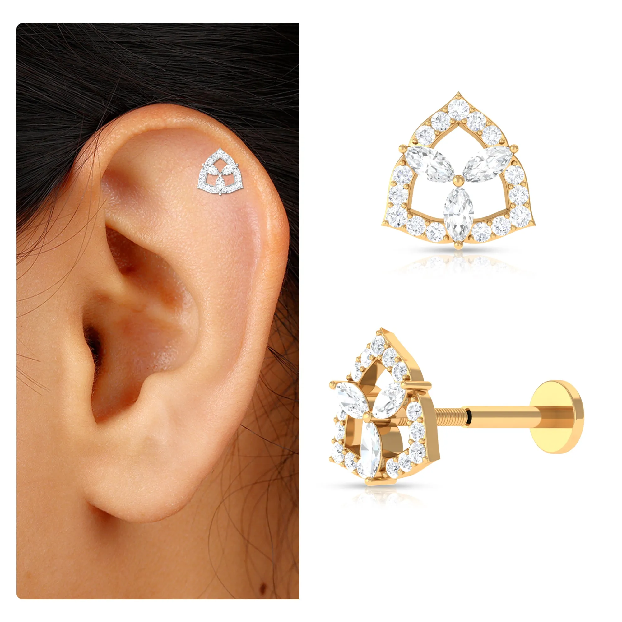 Marquise Moissanite Art Deco Earring for Upper Lobe Piercing