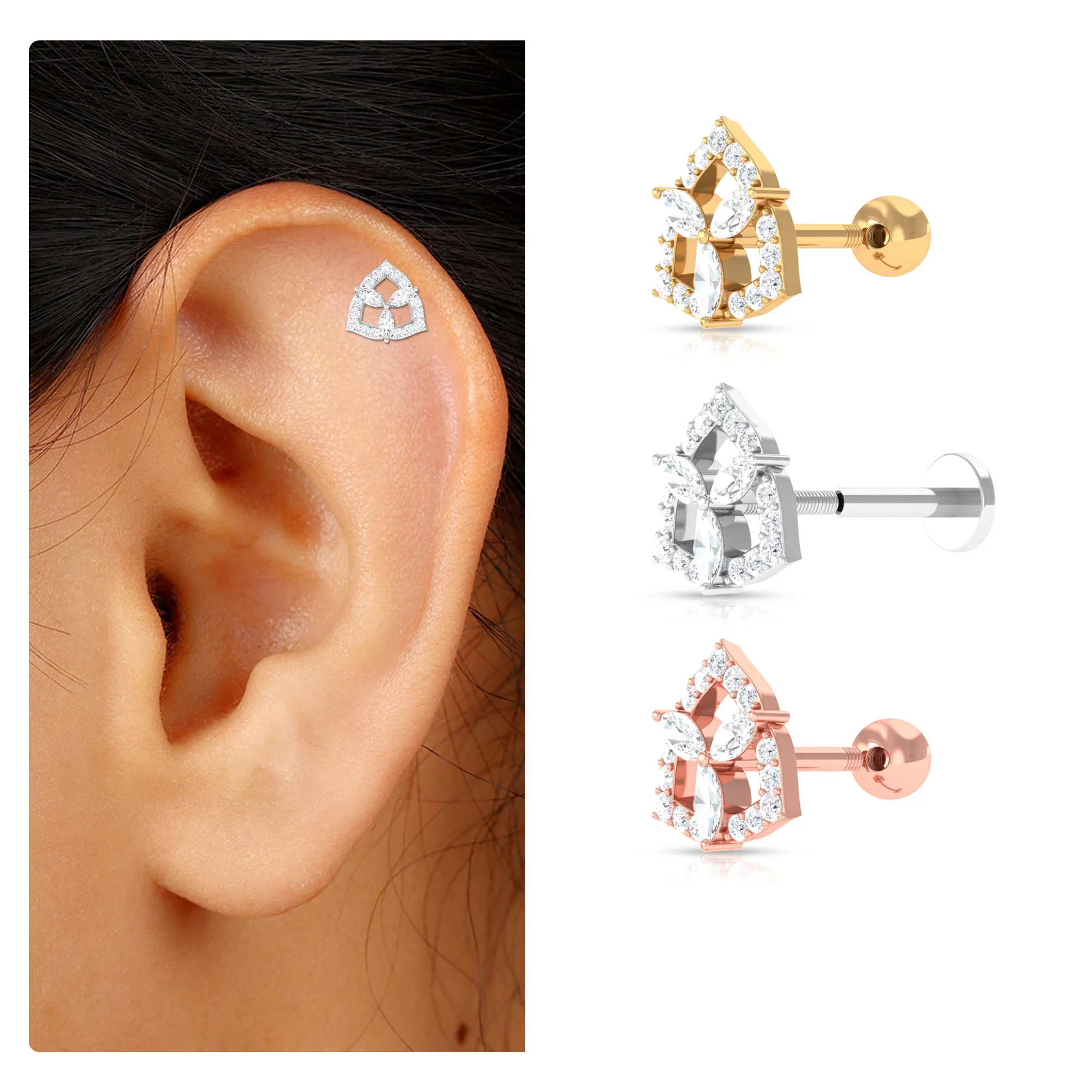Marquise Moissanite Art Deco Earring for Upper Lobe Piercing