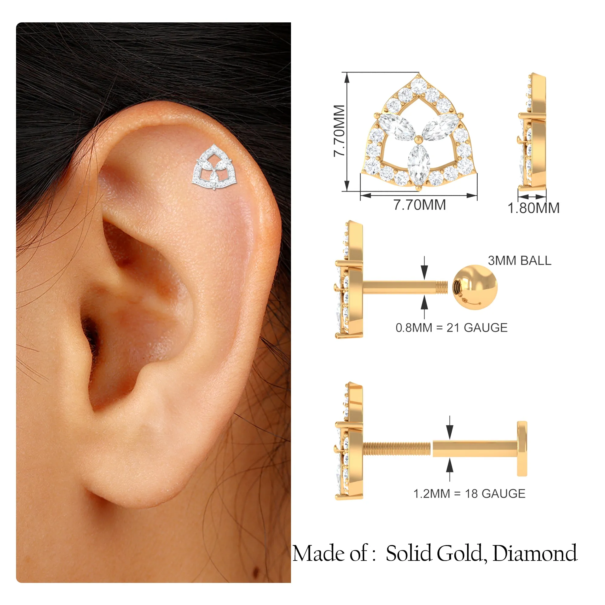 Marquise Moissanite Art Deco Earring for Upper Lobe Piercing