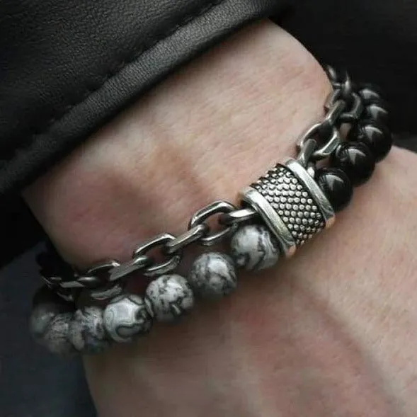 Men's Double Chain Link Stone Bracelet