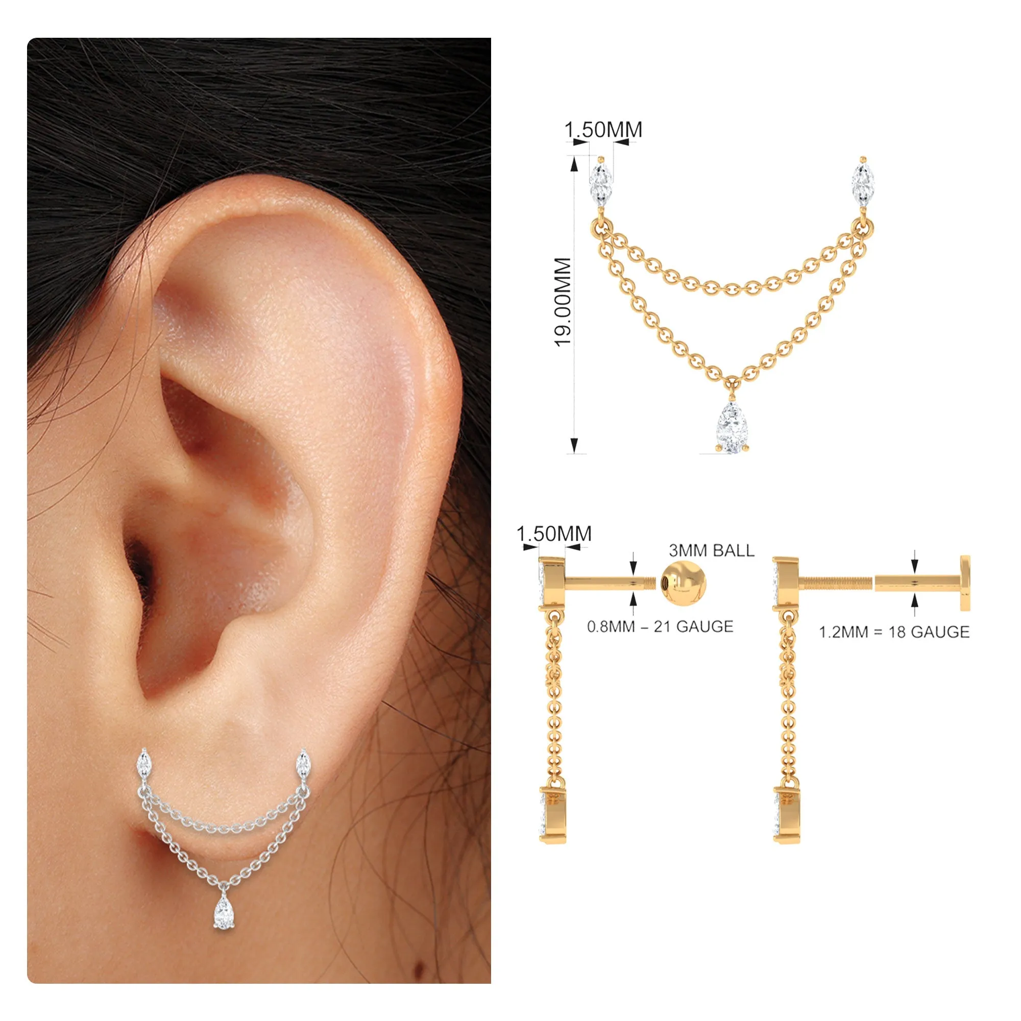 Moissanite Double Chain Earring for Helix Piercing