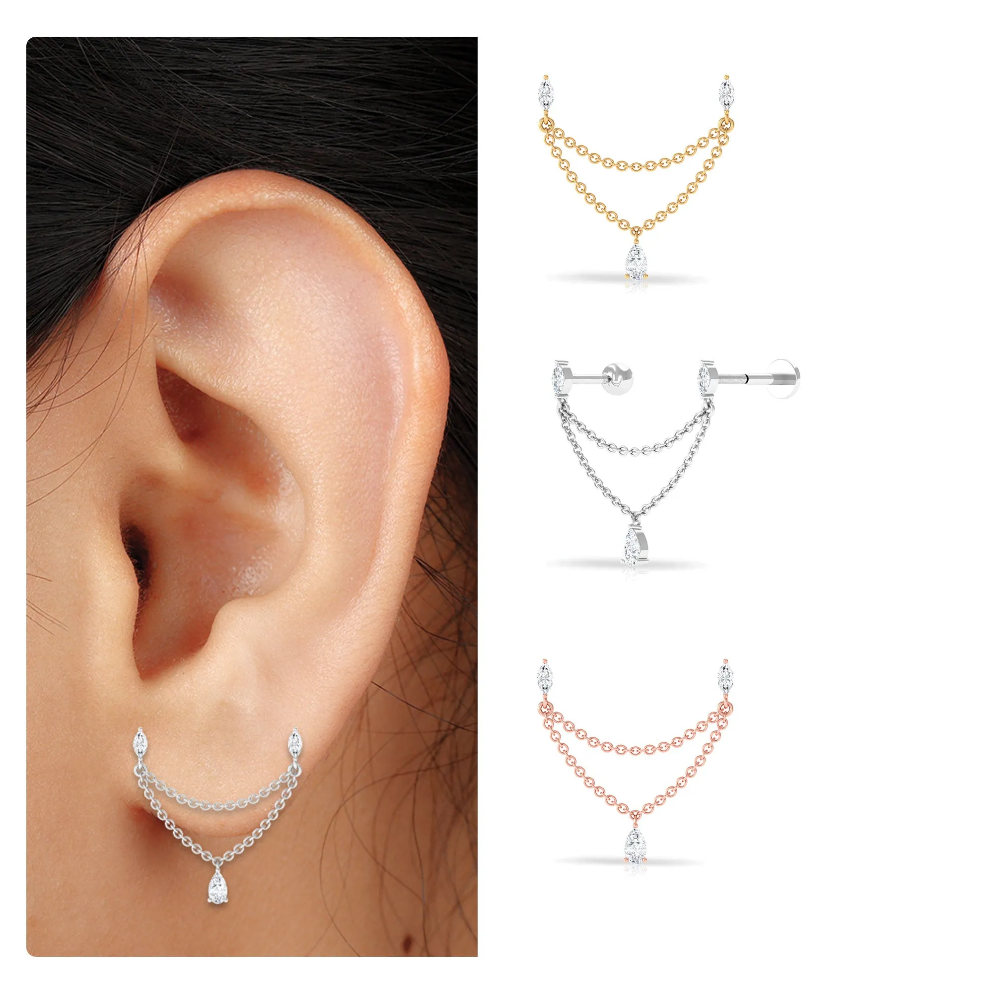 Moissanite Double Chain Earring for Helix Piercing