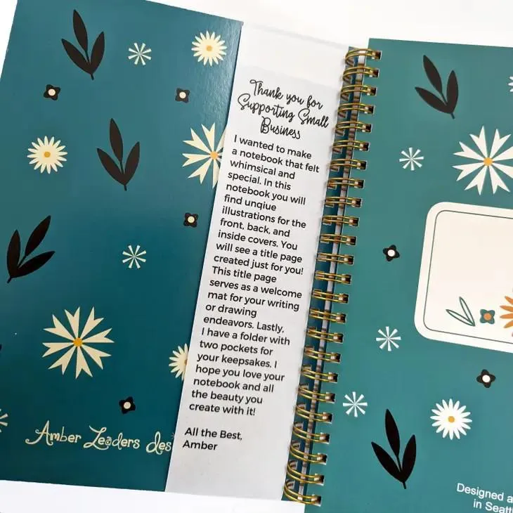 Notebook - Folk Flowers Floral on Black Spiral Bound by Amber Leaders Designs