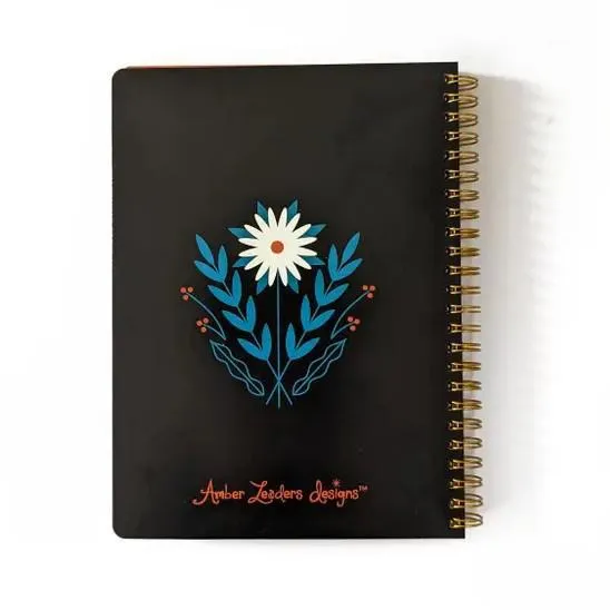 Notebook - Folk Flowers Floral on Black Spiral Bound by Amber Leaders Designs