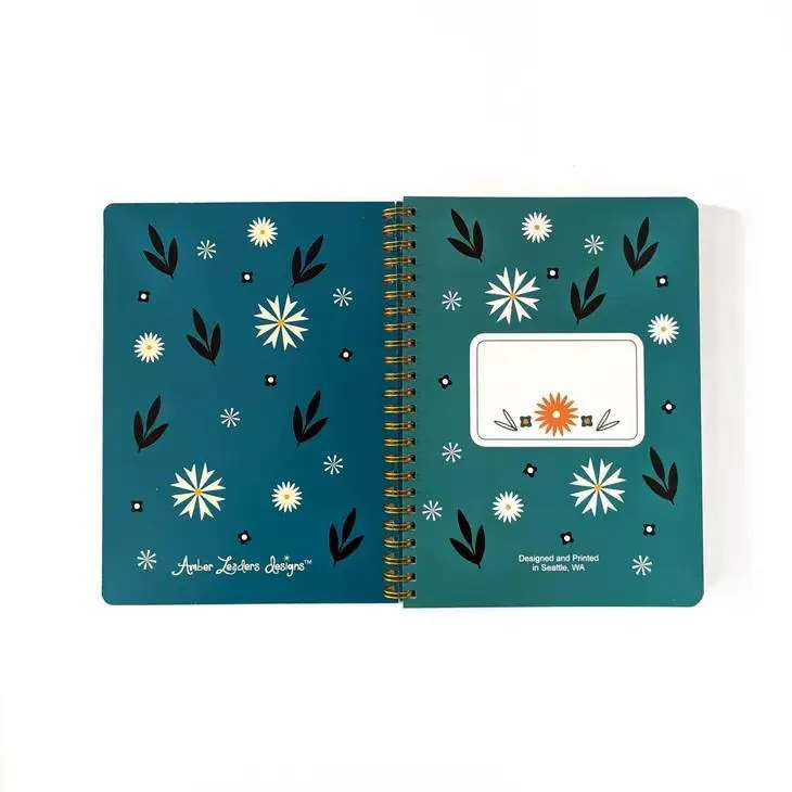 Notebook - Folk Flowers Floral on Black Spiral Bound by Amber Leaders Designs