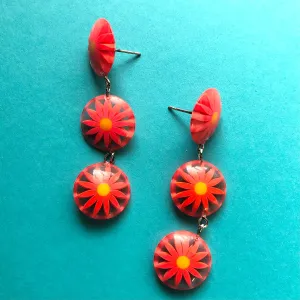 Orange Sunflower Burst Tri Dot Drop Earrings