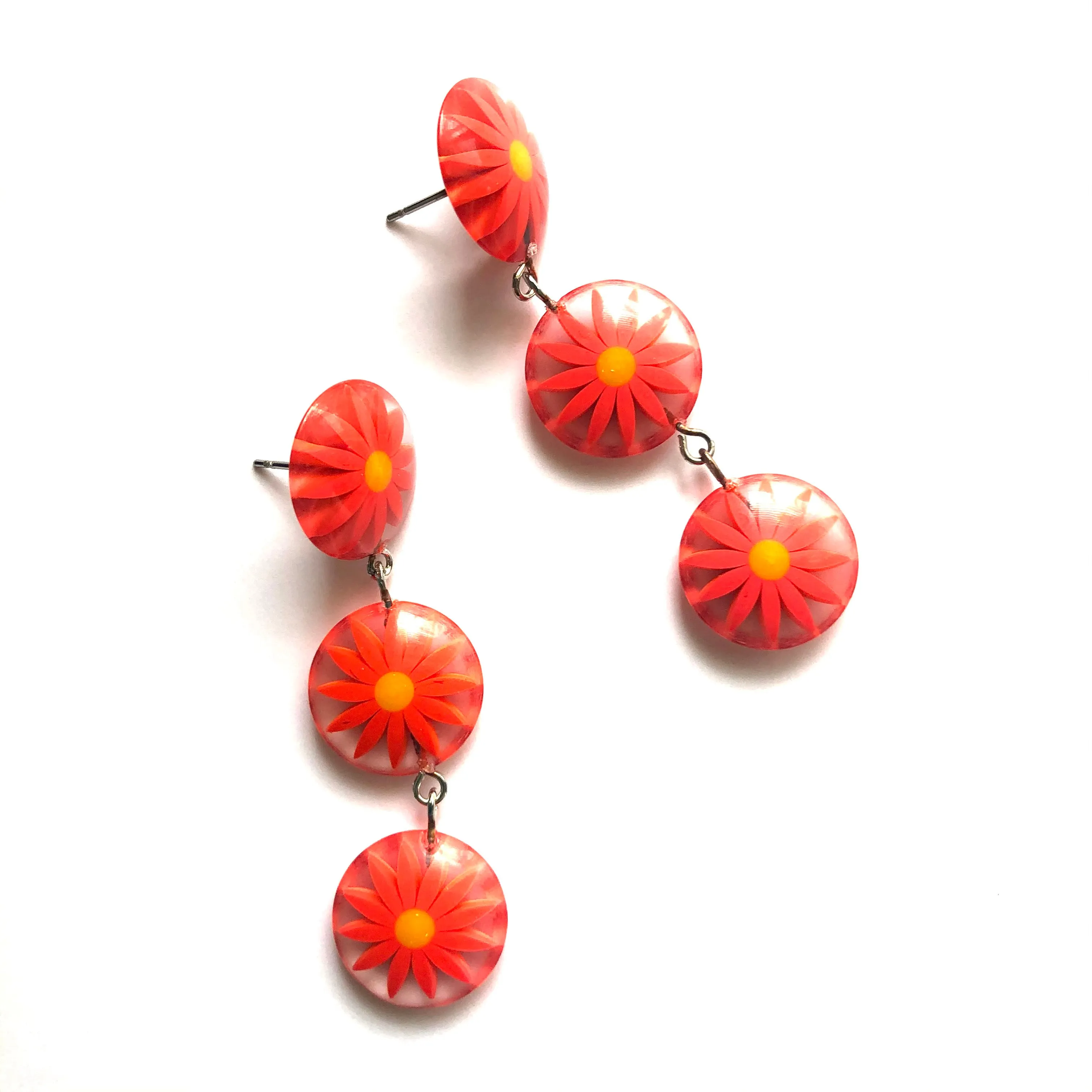 Orange Sunflower Burst Tri Dot Drop Earrings