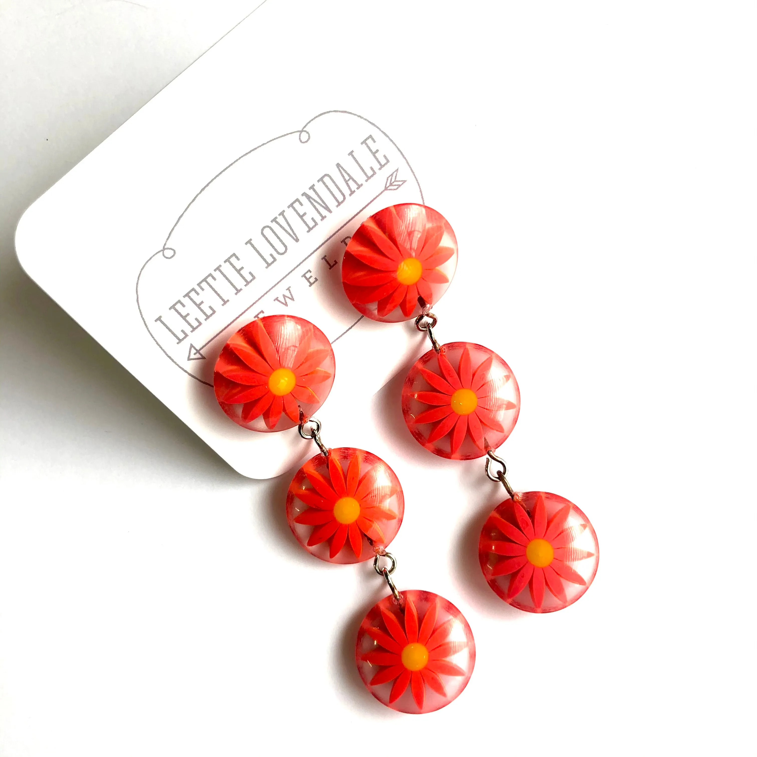 Orange Sunflower Burst Tri Dot Drop Earrings