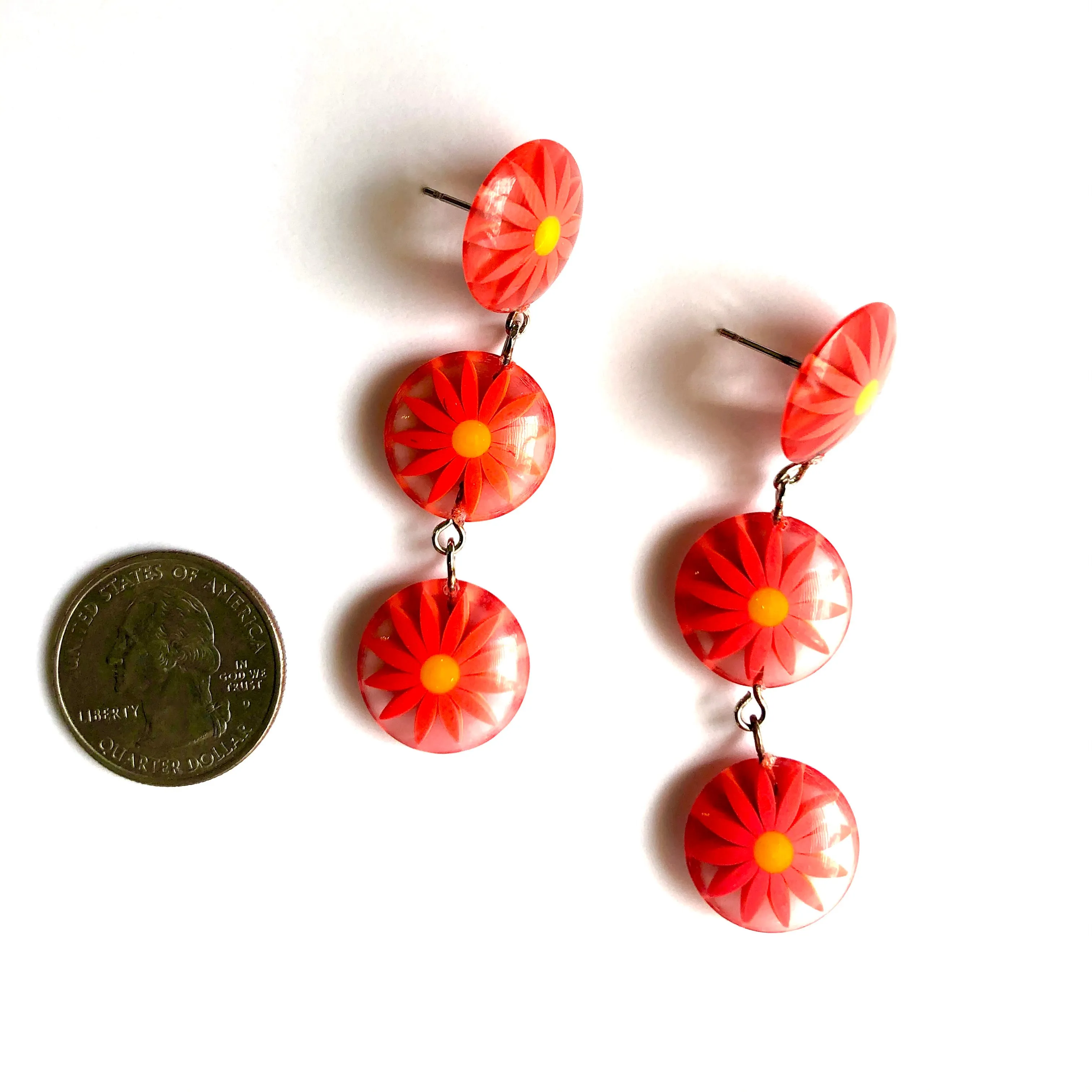 Orange Sunflower Burst Tri Dot Drop Earrings
